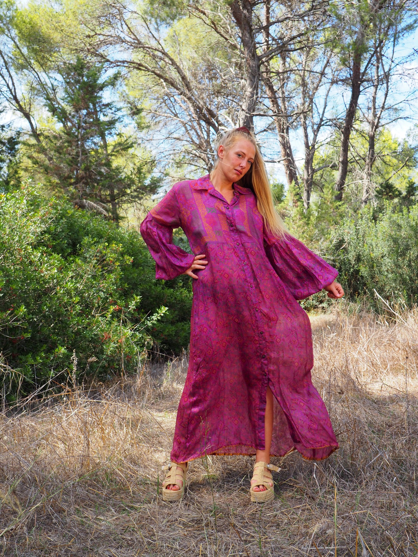Vintage Indian sari dress with oversized sleeves up-cycled by Vagabond Ibiza