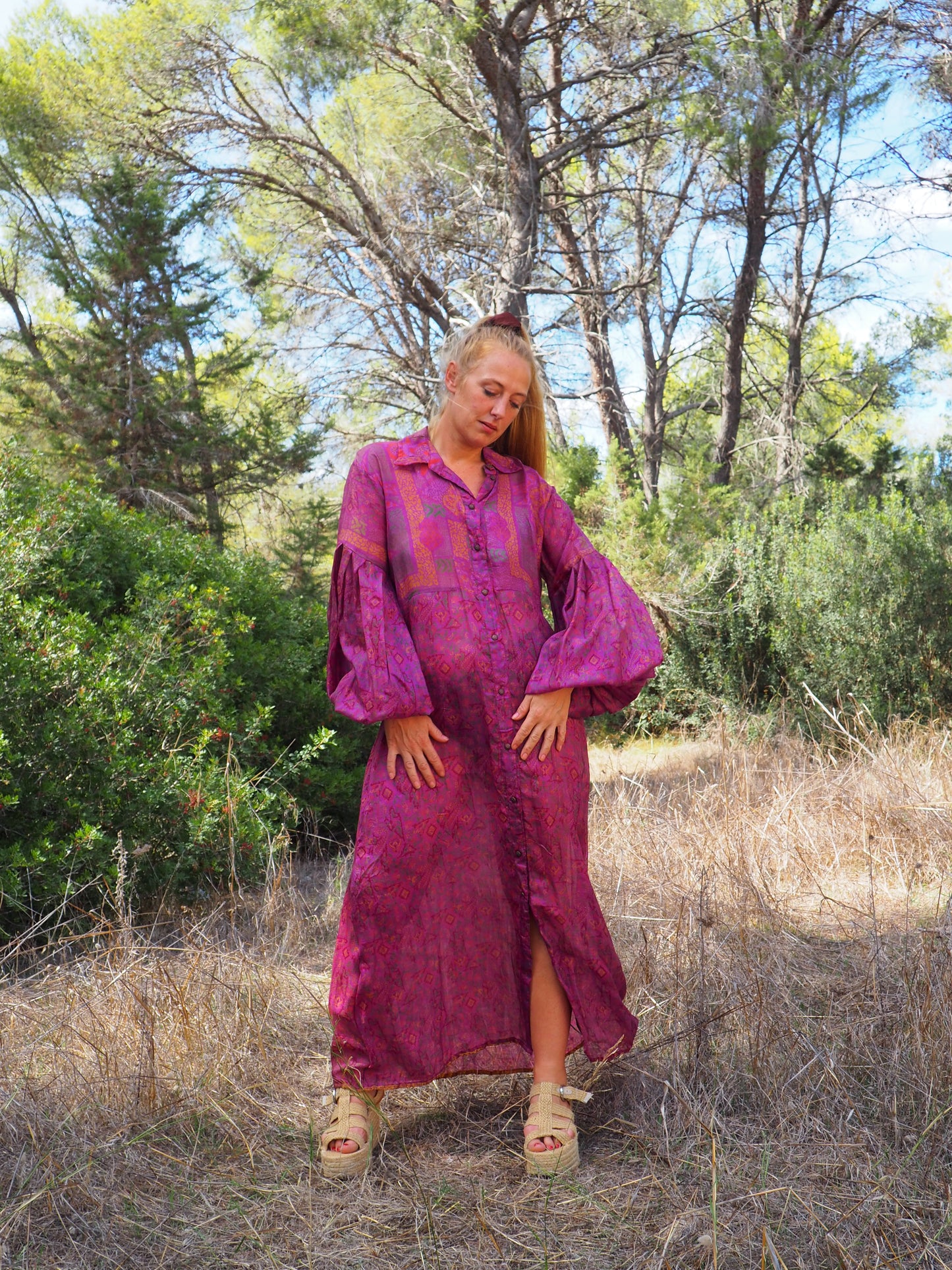 Vintage Indian sari dress with oversized sleeves up-cycled by Vagabond Ibiza