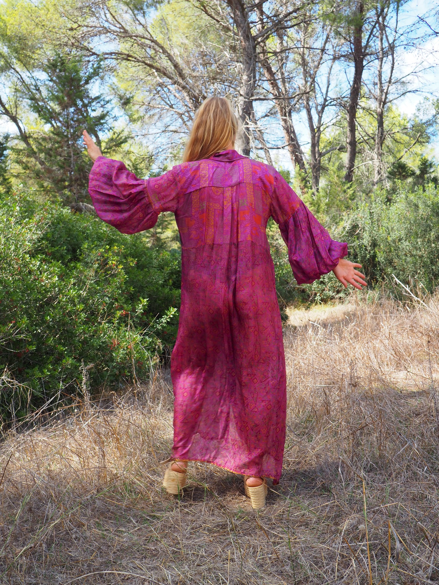 Vintage Indian sari dress with oversized sleeves up-cycled by Vagabond Ibiza