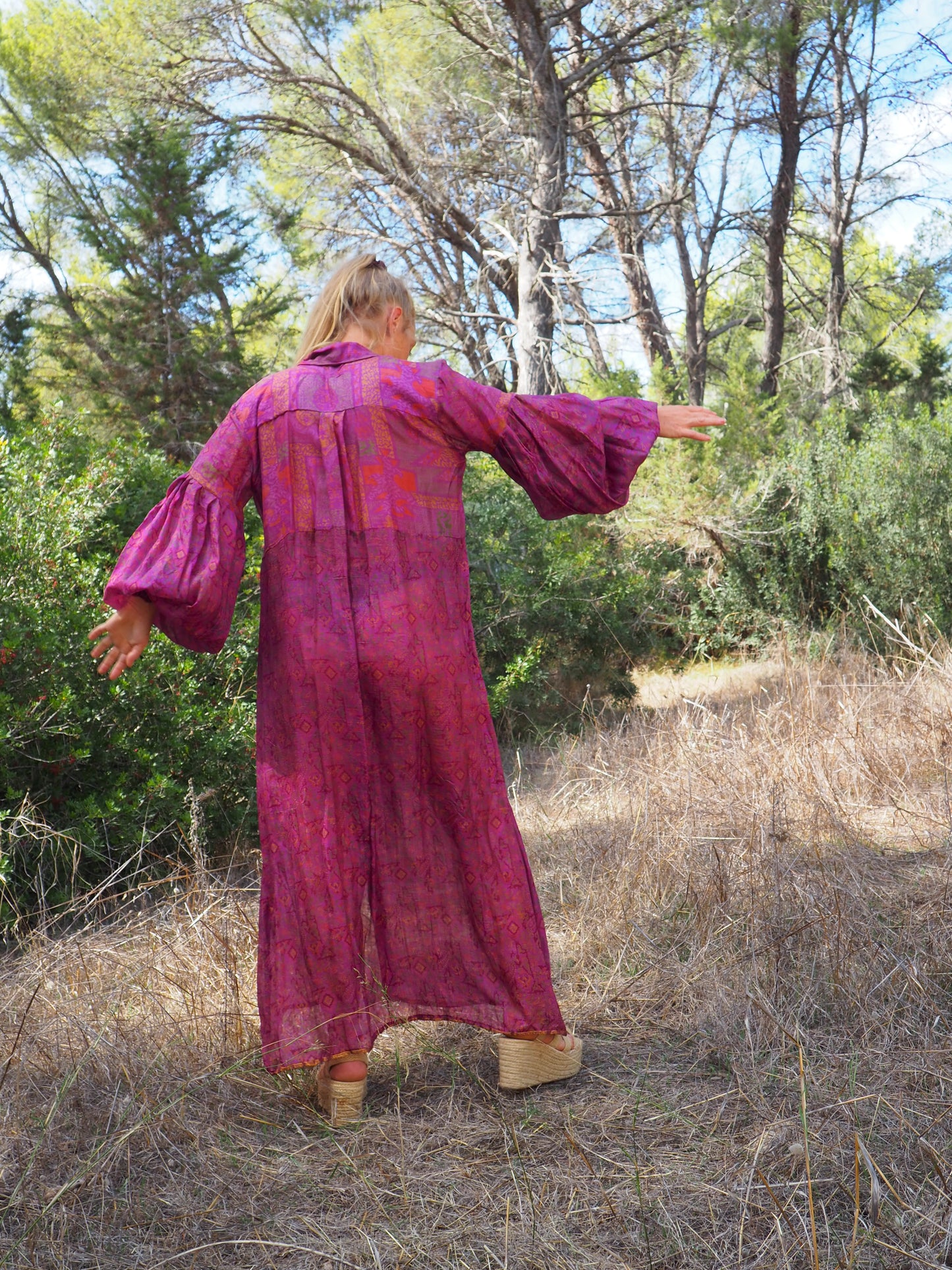 Vintage Indian sari dress with oversized sleeves up-cycled by Vagabond Ibiza