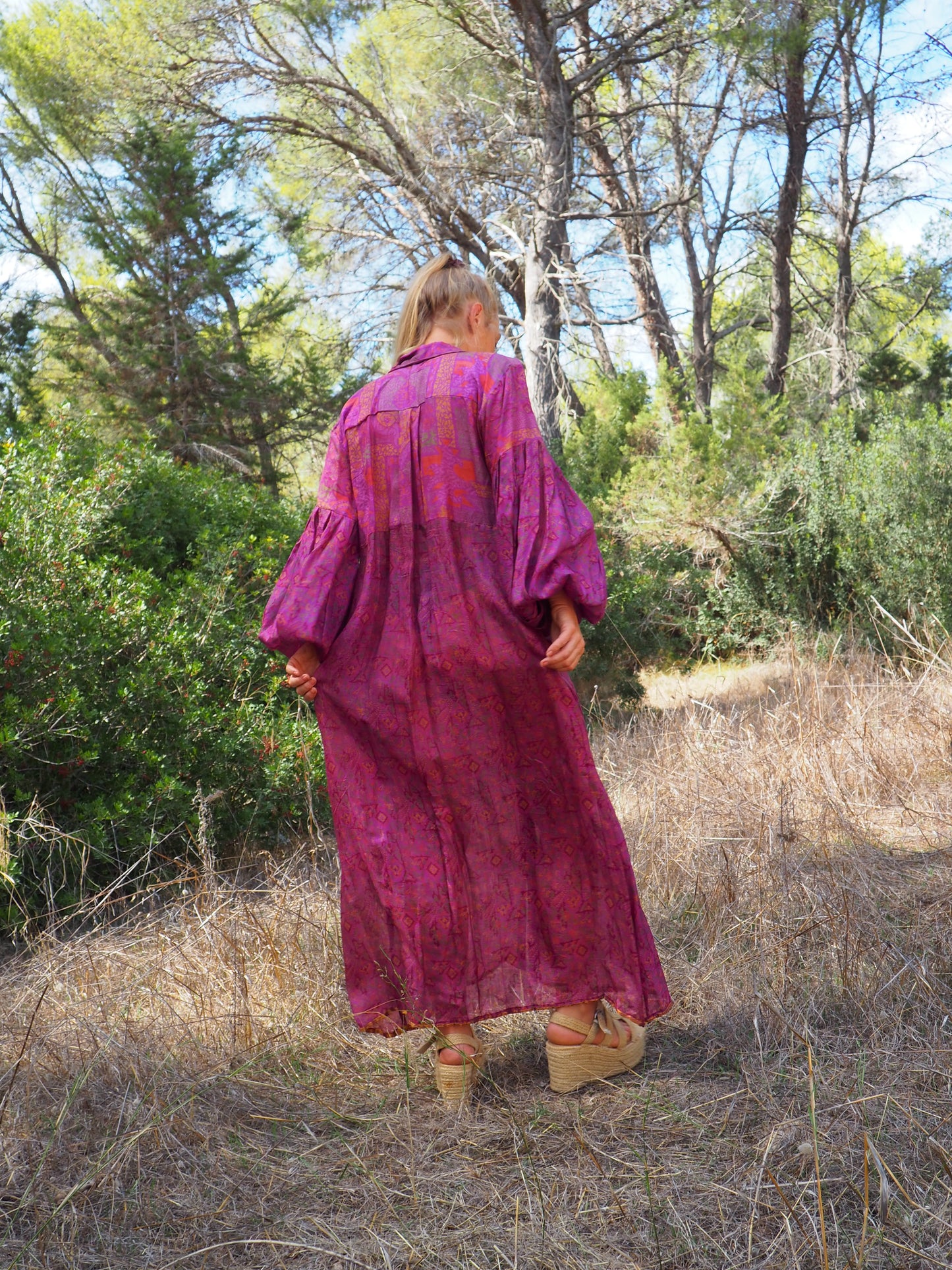 Vintage Indian sari dress with oversized sleeves up-cycled by Vagabond Ibiza