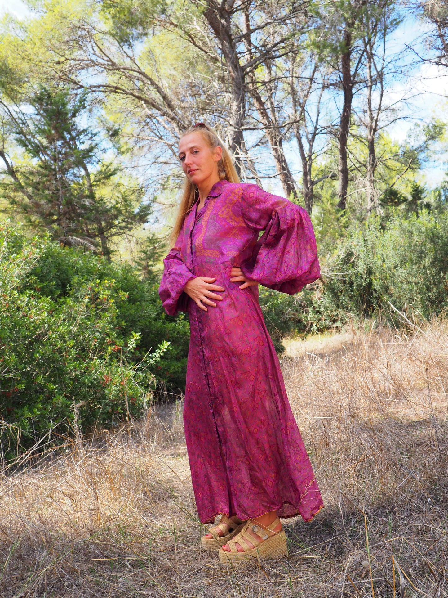 Vintage Indian sari dress with oversized sleeves up-cycled by Vagabond Ibiza