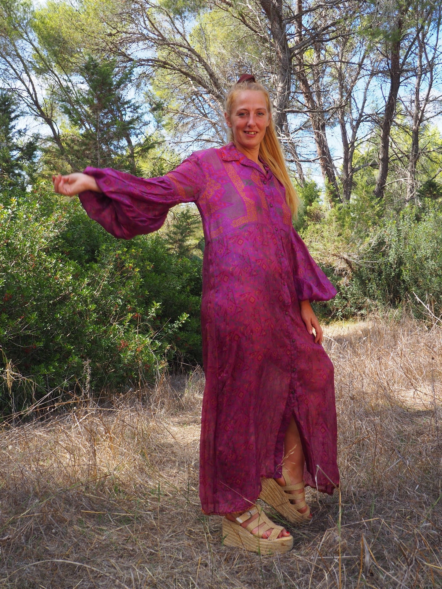 Vintage Indian sari dress with oversized sleeves up-cycled by Vagabond Ibiza