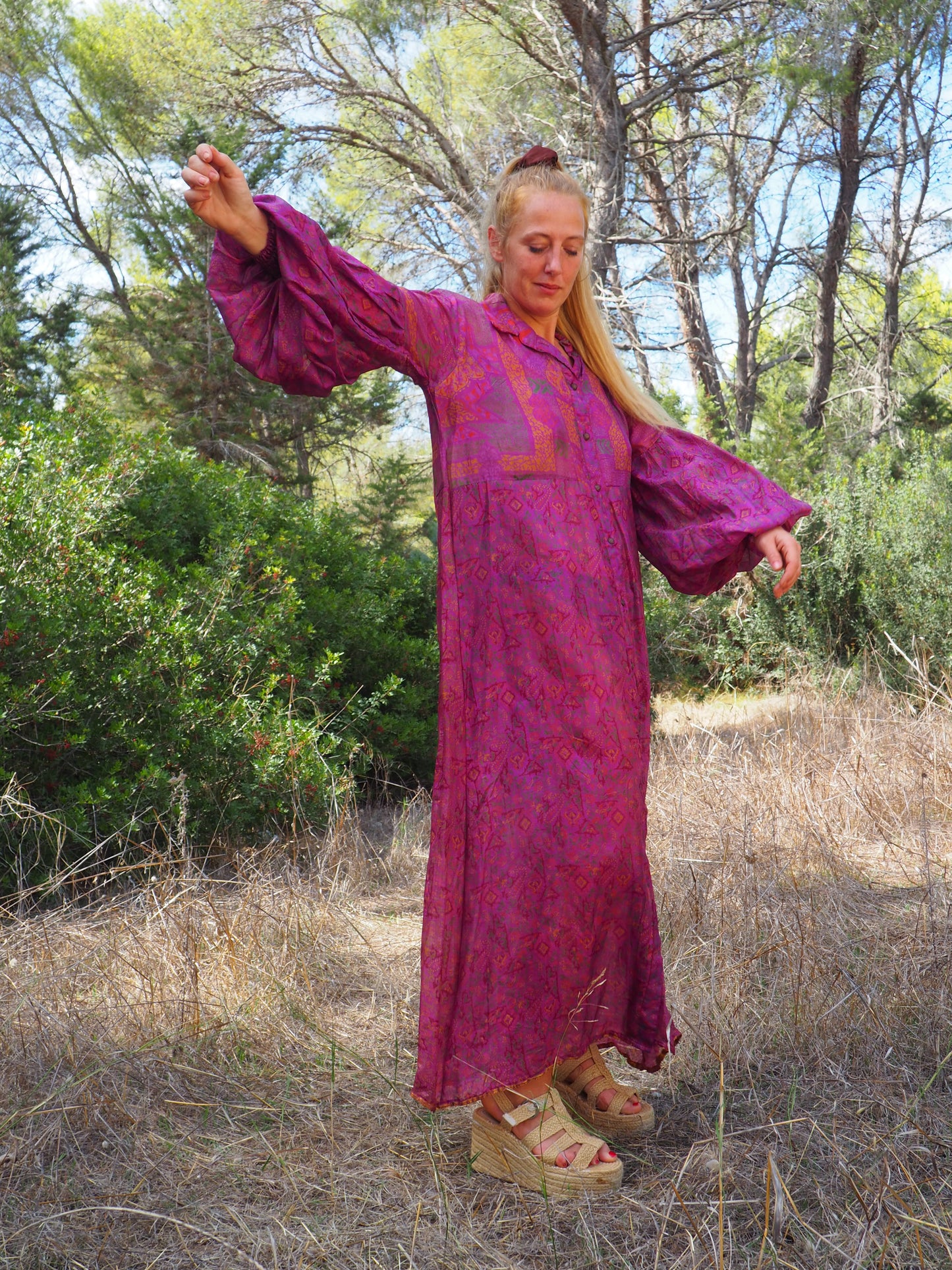 Vintage Indian sari dress with oversized sleeves up-cycled by Vagabond Ibiza