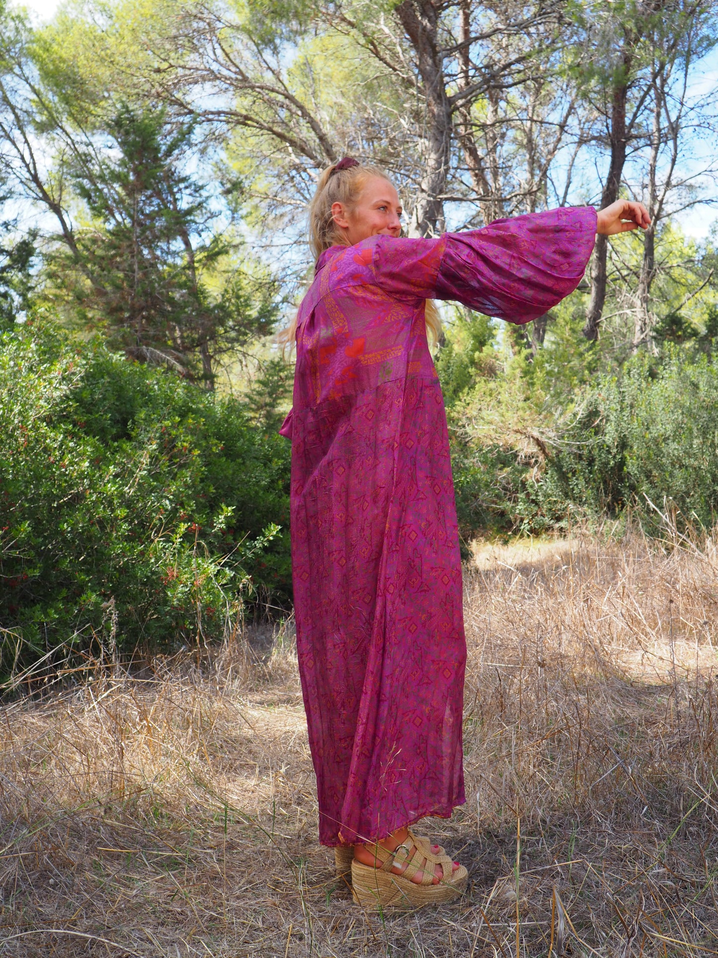 Vintage Indian sari dress with oversized sleeves up-cycled by Vagabond Ibiza
