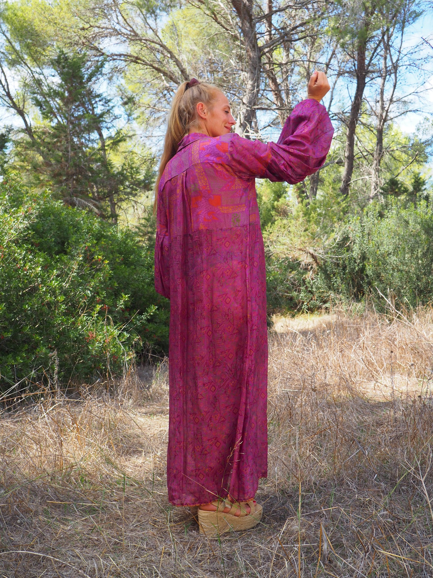 Vintage Indian sari dress with oversized sleeves up-cycled by Vagabond Ibiza