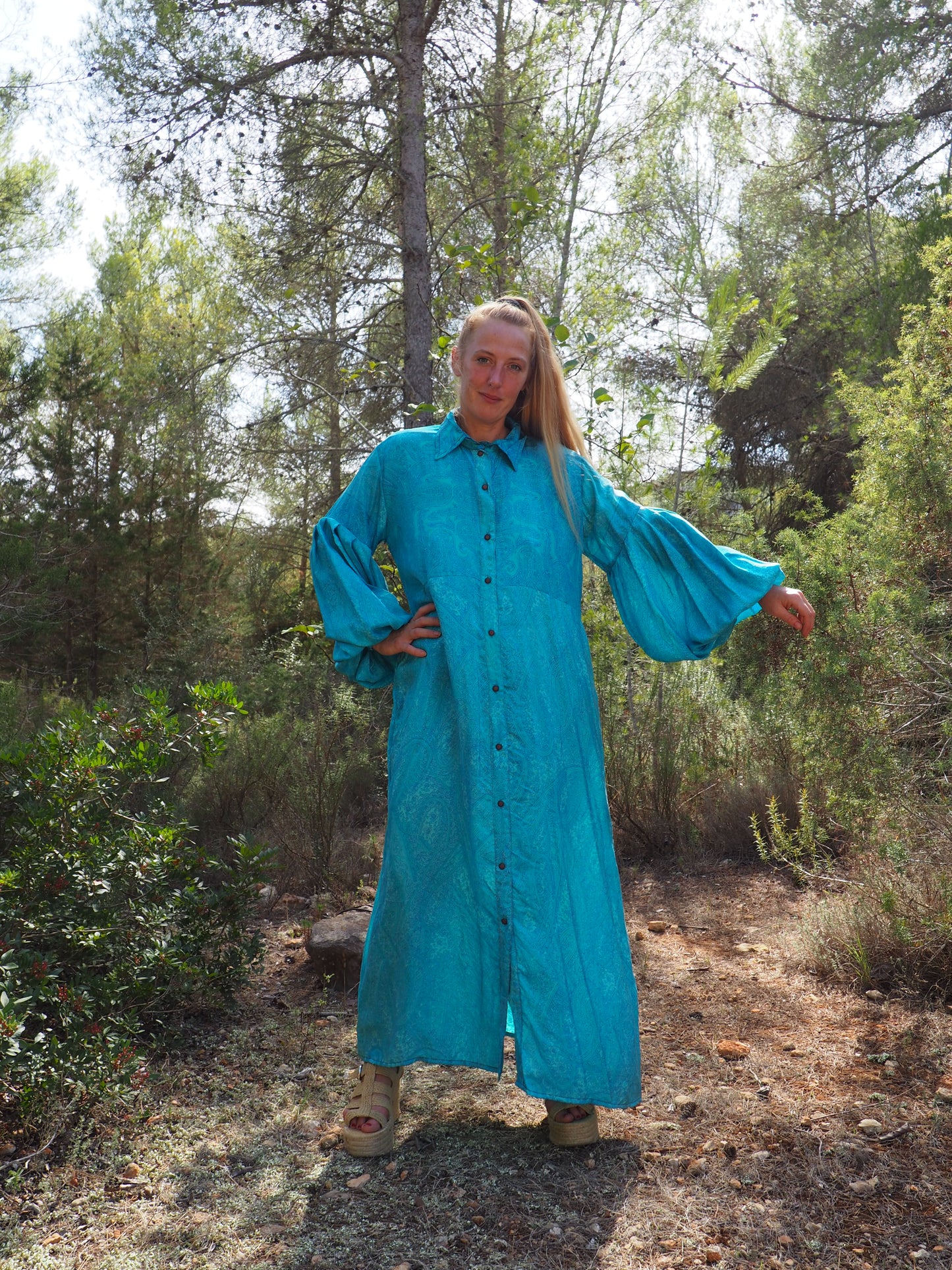 Vintage Indian sari dress with oversized sleeves up-cycled by Vagabond Ibiza