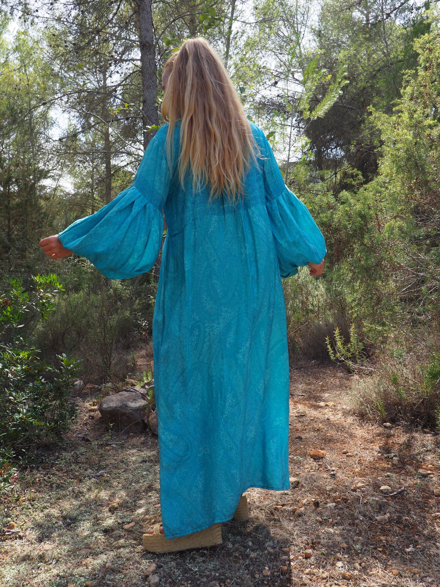 Vintage Indian sari dress with oversized sleeves up-cycled by Vagabond Ibiza