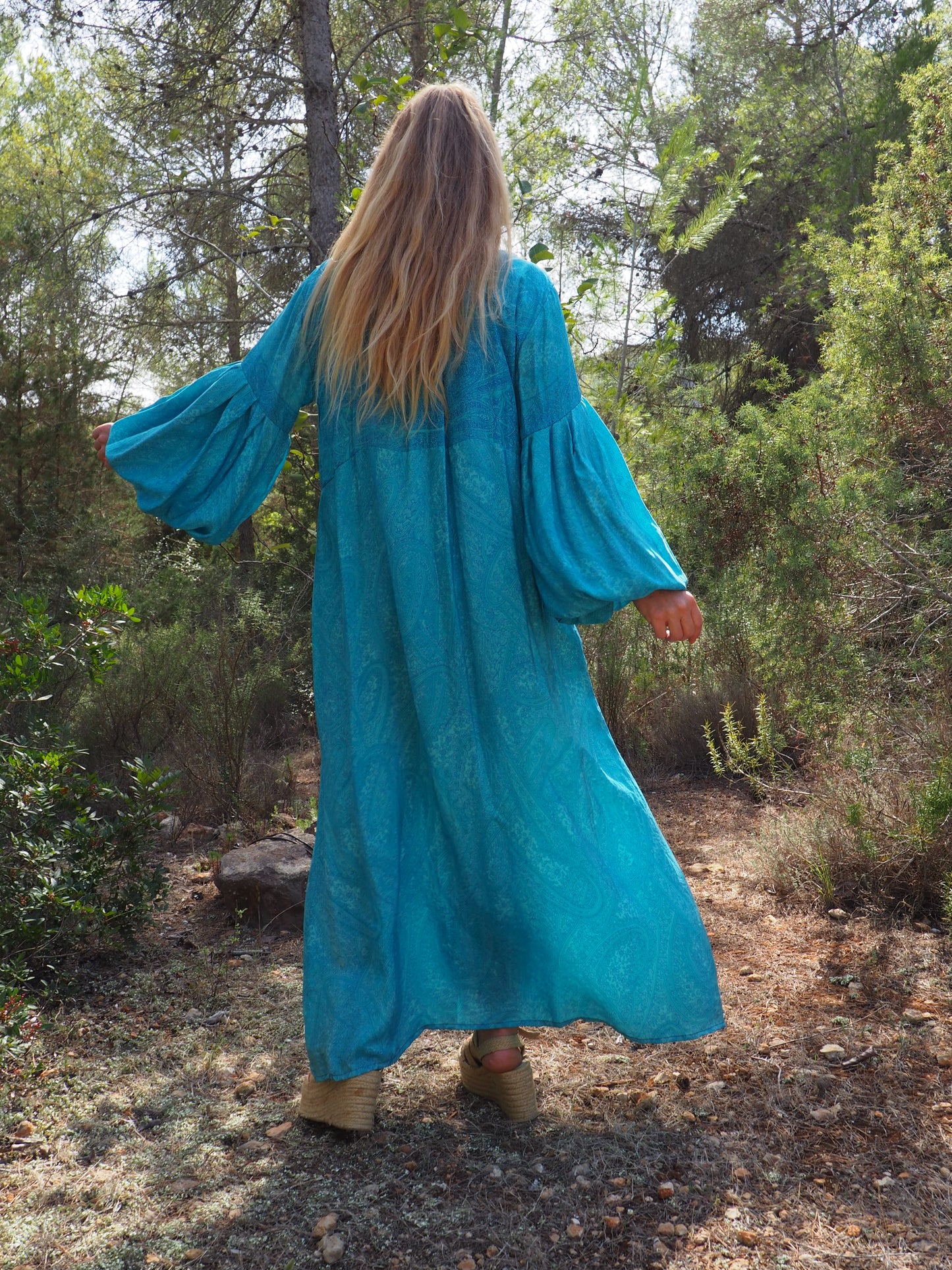 Vintage Indian sari dress with oversized sleeves up-cycled by Vagabond Ibiza