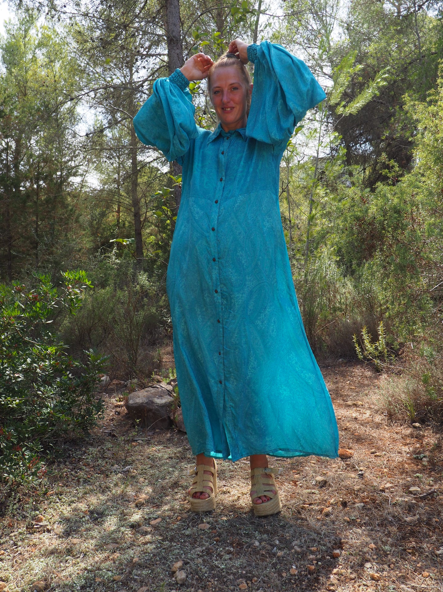 Vintage Indian sari dress with oversized sleeves up-cycled by Vagabond Ibiza