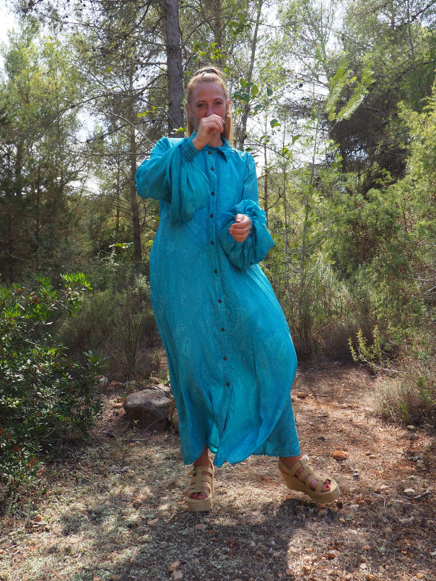 Vintage Indian sari dress with oversized sleeves up-cycled by Vagabond Ibiza
