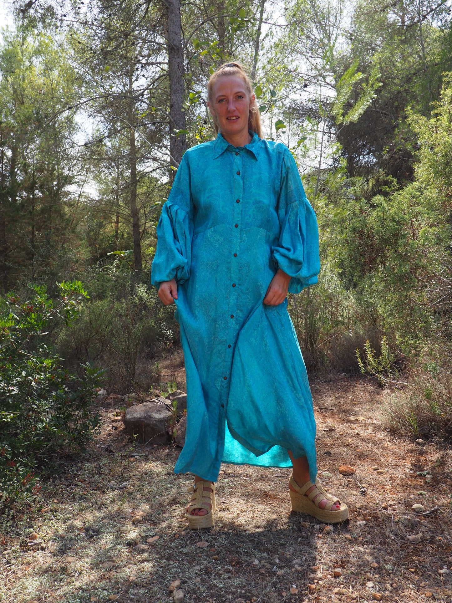 Vintage Indian sari dress with oversized sleeves up-cycled by Vagabond Ibiza