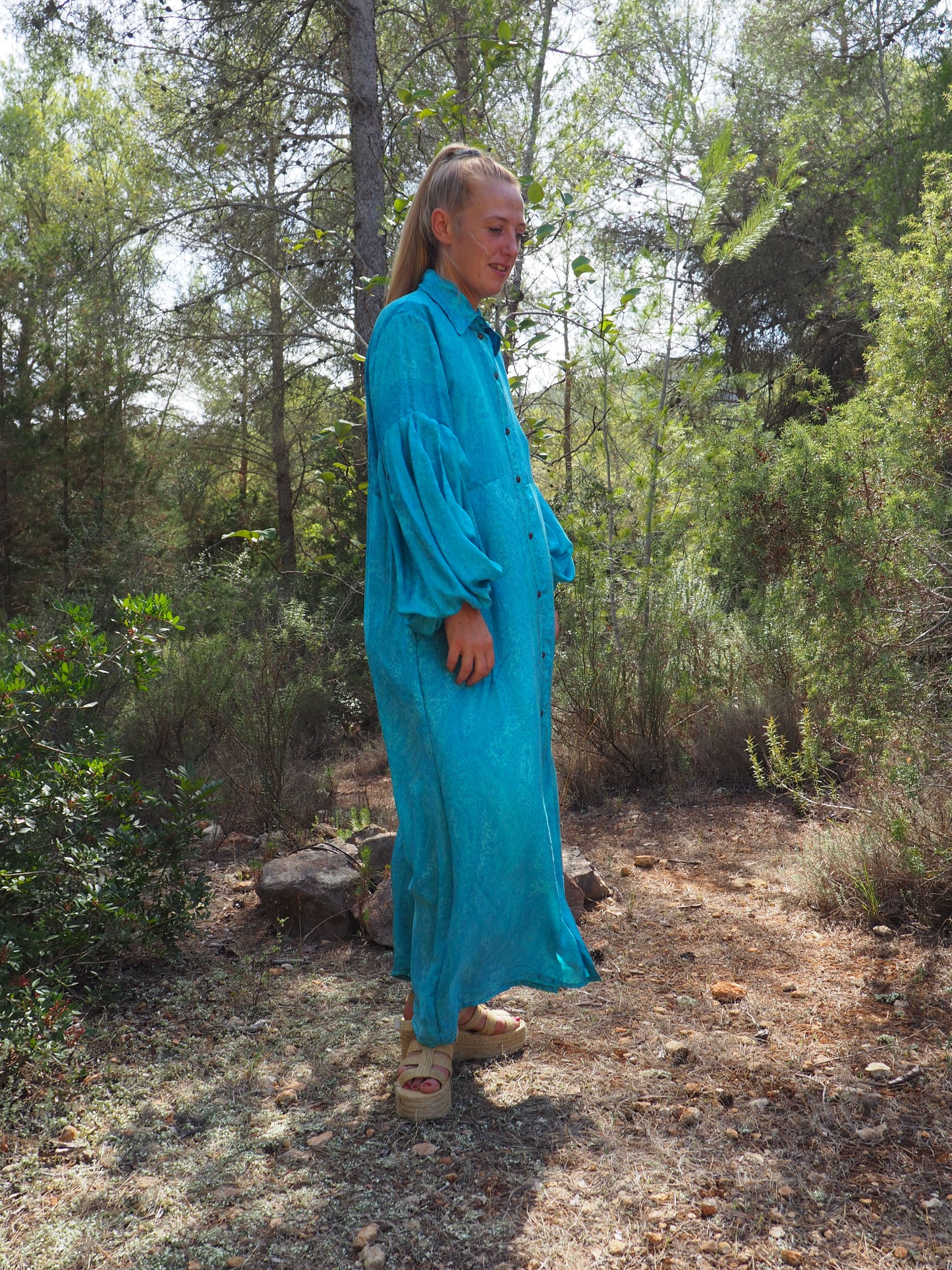 Vintage Indian sari dress with oversized sleeves up-cycled by Vagabond Ibiza