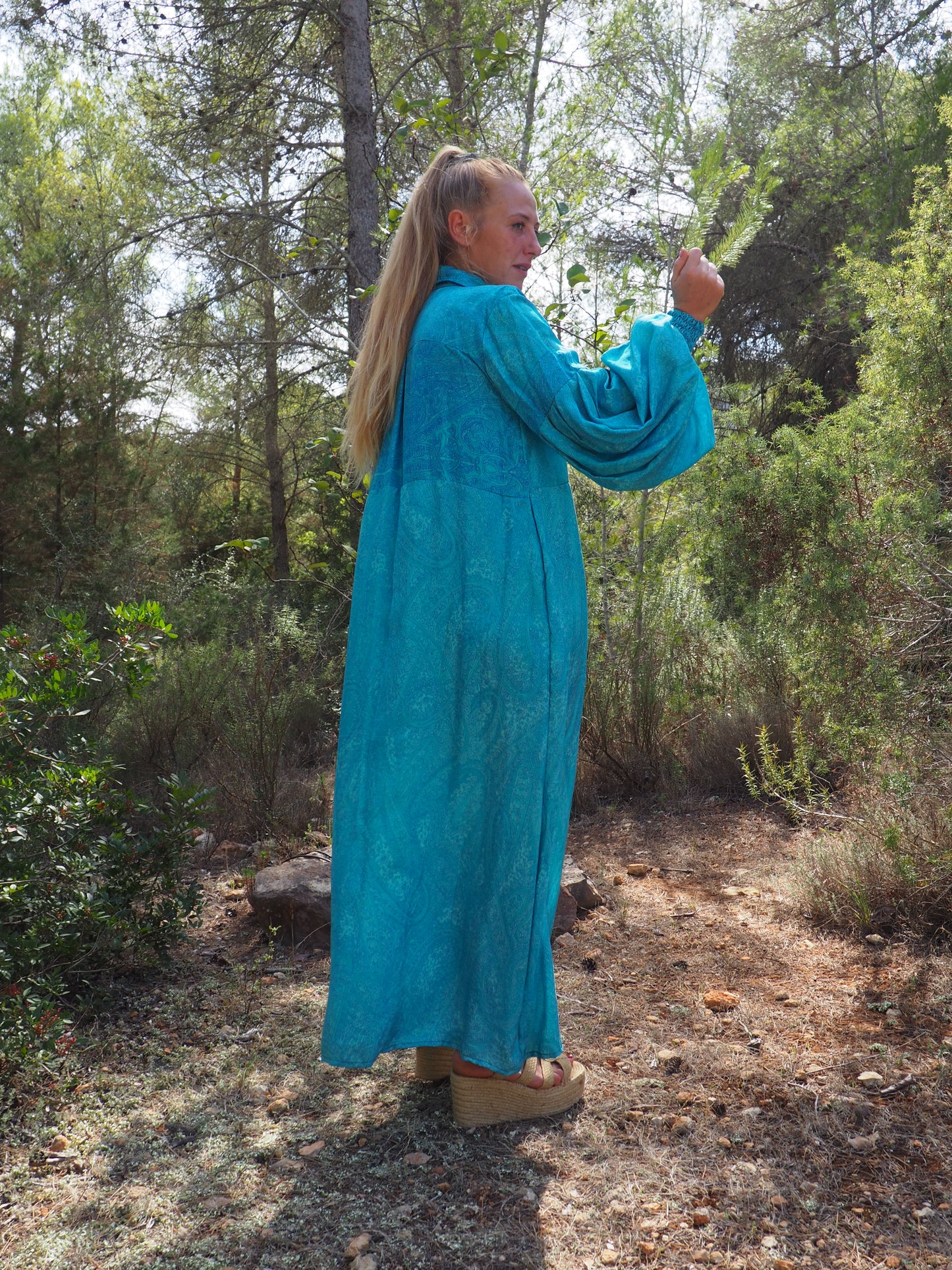 Vintage Indian sari dress with oversized sleeves up-cycled by Vagabond Ibiza