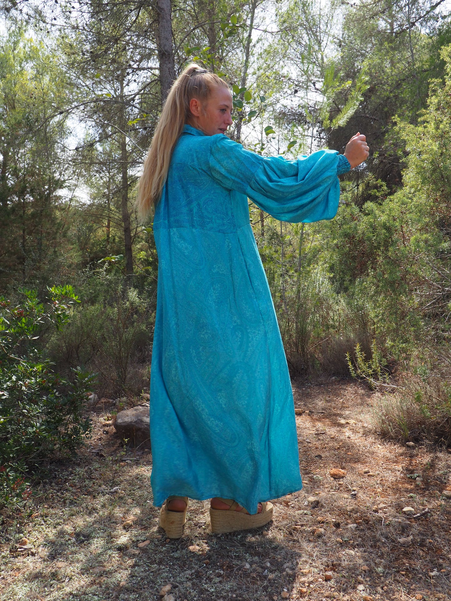 Vintage Indian sari dress with oversized sleeves up-cycled by Vagabond Ibiza