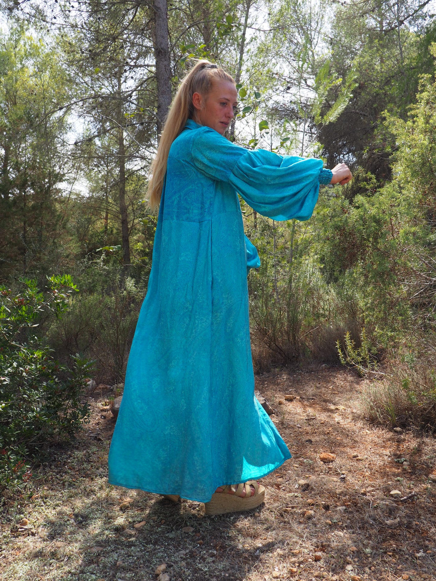 Vintage Indian sari dress with oversized sleeves up-cycled by Vagabond Ibiza
