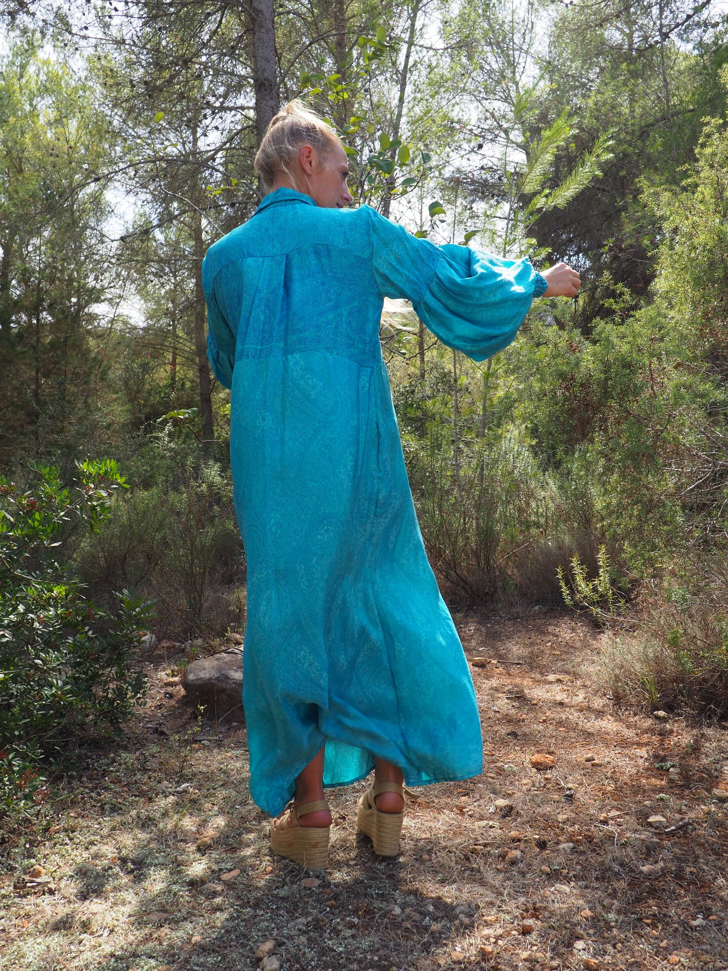 Vintage Indian sari dress with oversized sleeves up-cycled by Vagabond Ibiza