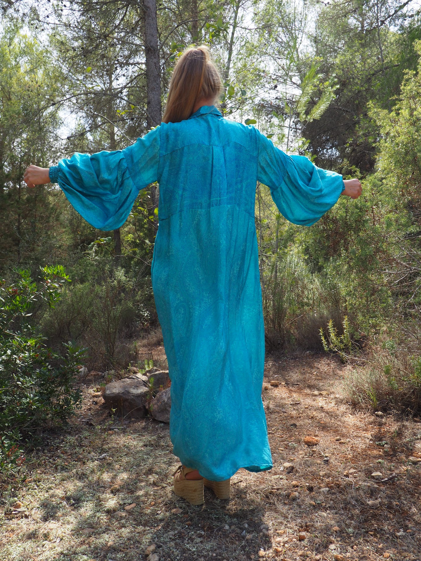 Vintage Indian sari dress with oversized sleeves up-cycled by Vagabond Ibiza