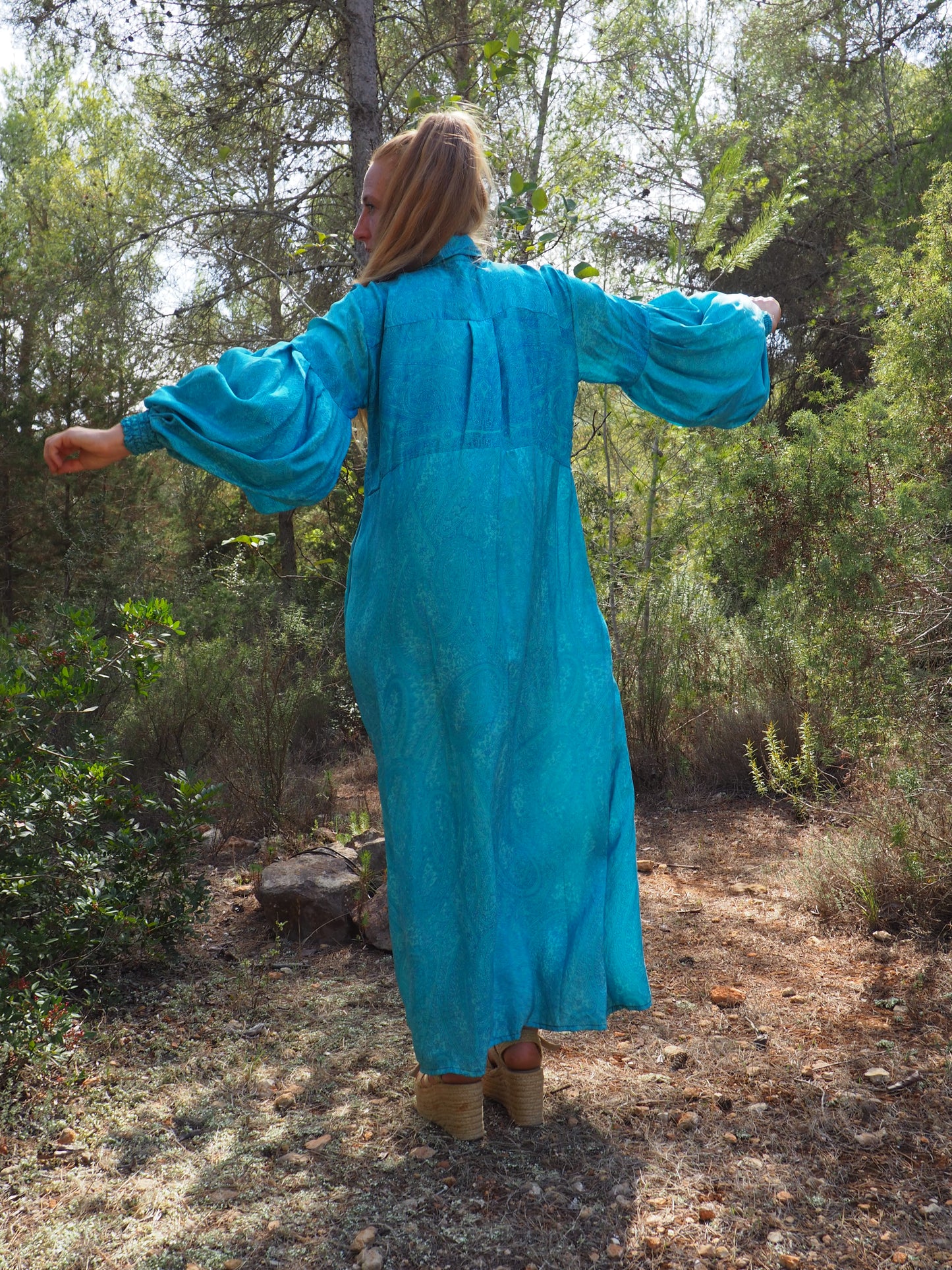 Vintage Indian sari dress with oversized sleeves up-cycled by Vagabond Ibiza