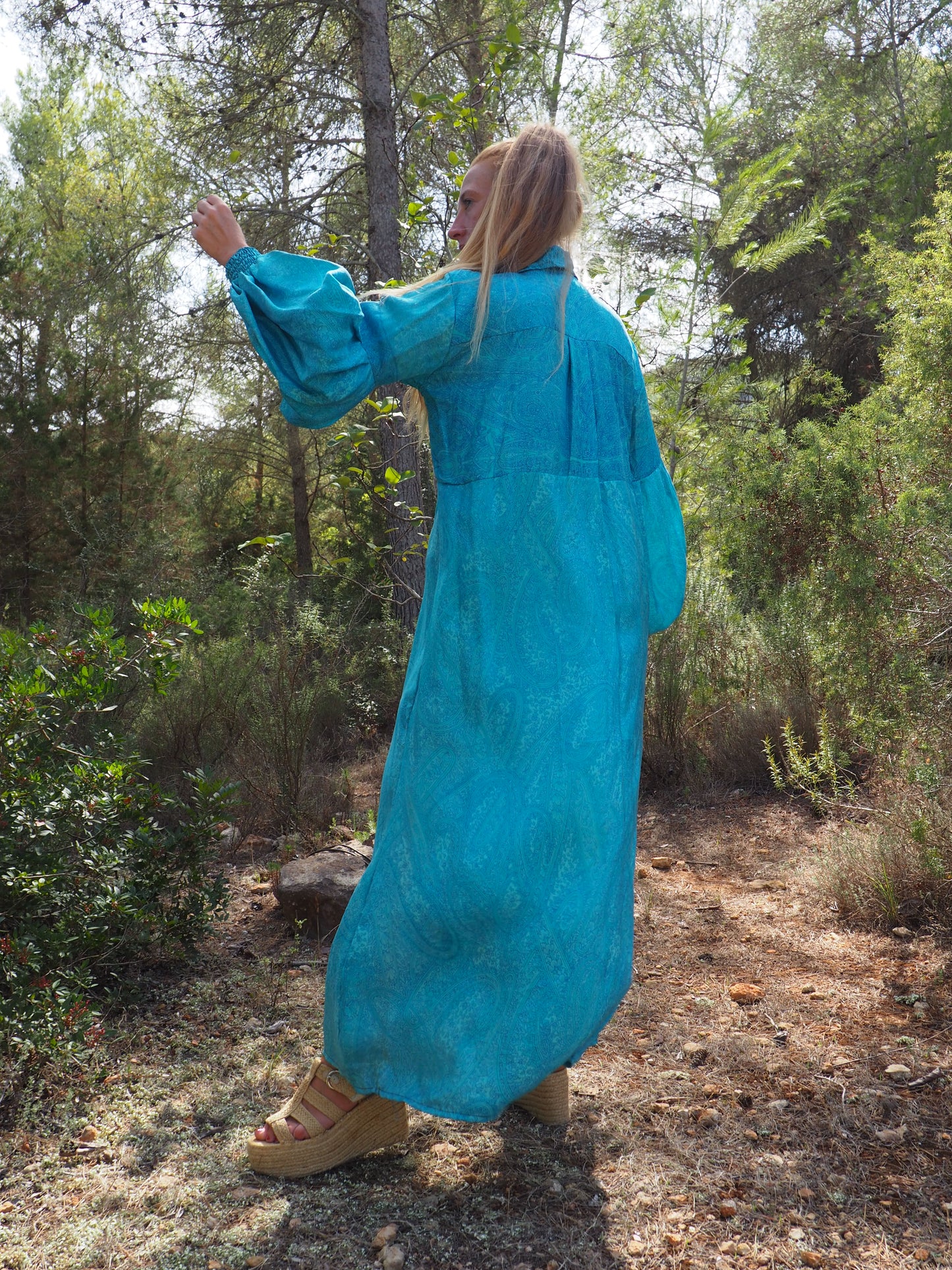 Vintage Indian sari dress with oversized sleeves up-cycled by Vagabond Ibiza