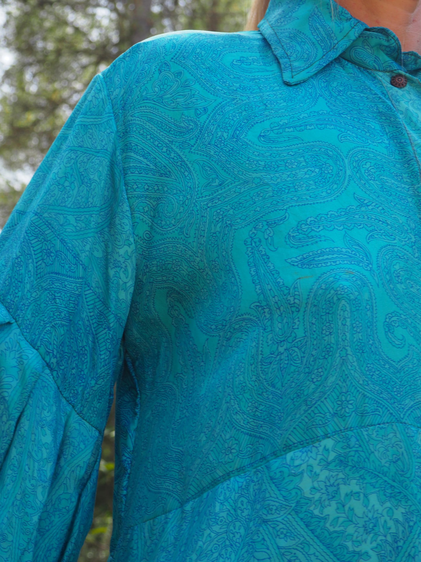 Vintage Indian sari dress with oversized sleeves up-cycled by Vagabond Ibiza