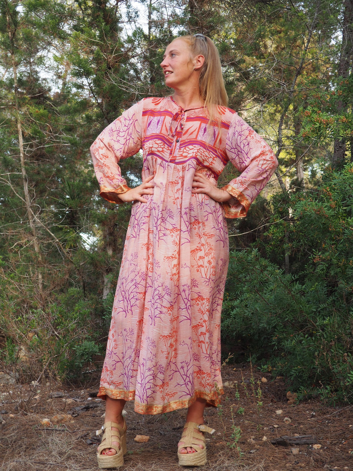 Vintage Indian sari dress with oversized sleeves up-cycled by Vagabond Ibiza