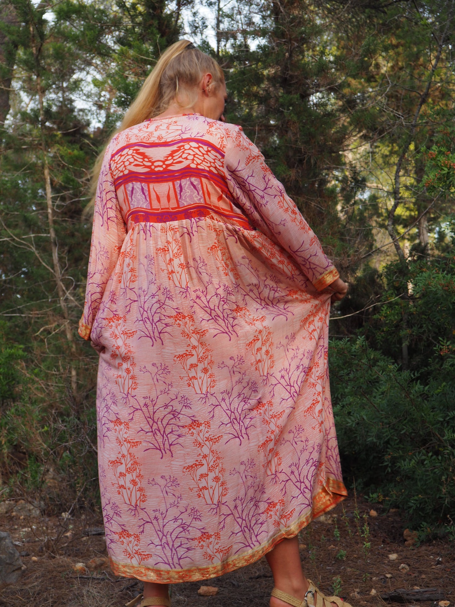 Vintage Indian sari dress with oversized sleeves up-cycled by Vagabond Ibiza
