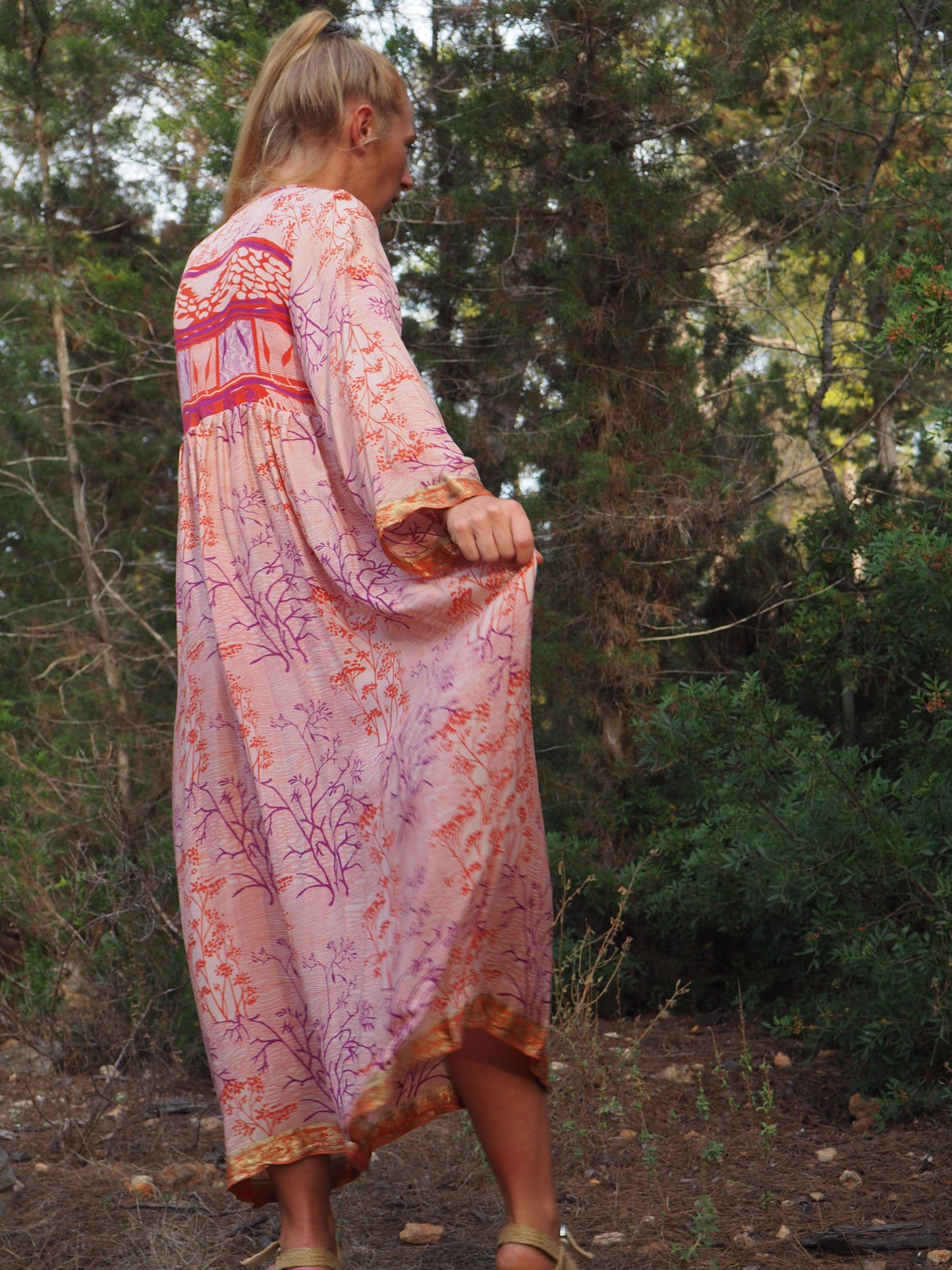 Vintage Indian sari dress with oversized sleeves up-cycled by Vagabond Ibiza