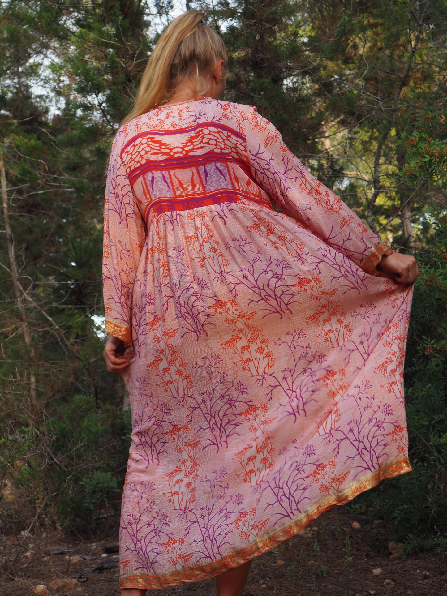 Vintage Indian sari dress with oversized sleeves up-cycled by Vagabond Ibiza