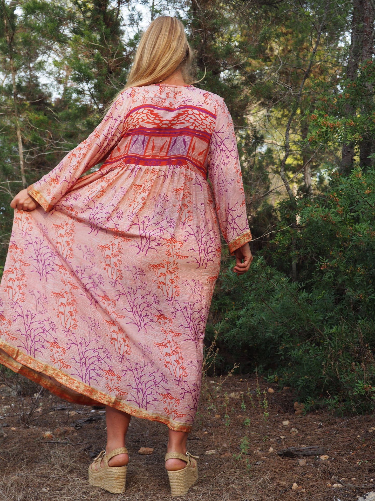 Vintage Indian sari dress with oversized sleeves up-cycled by Vagabond Ibiza
