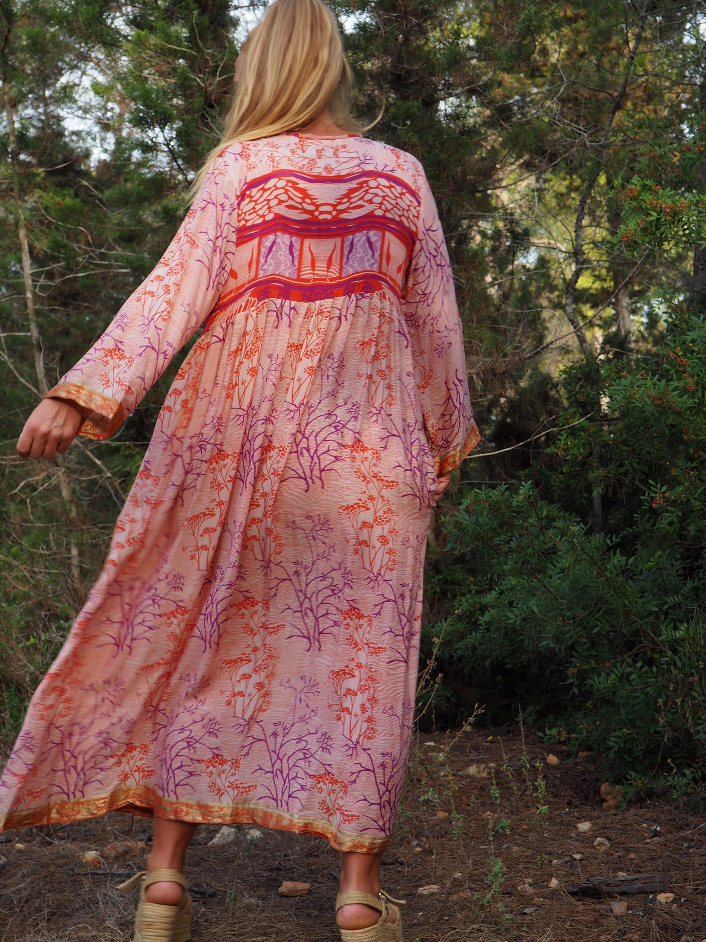 Vintage Indian sari dress with oversized sleeves up-cycled by Vagabond Ibiza