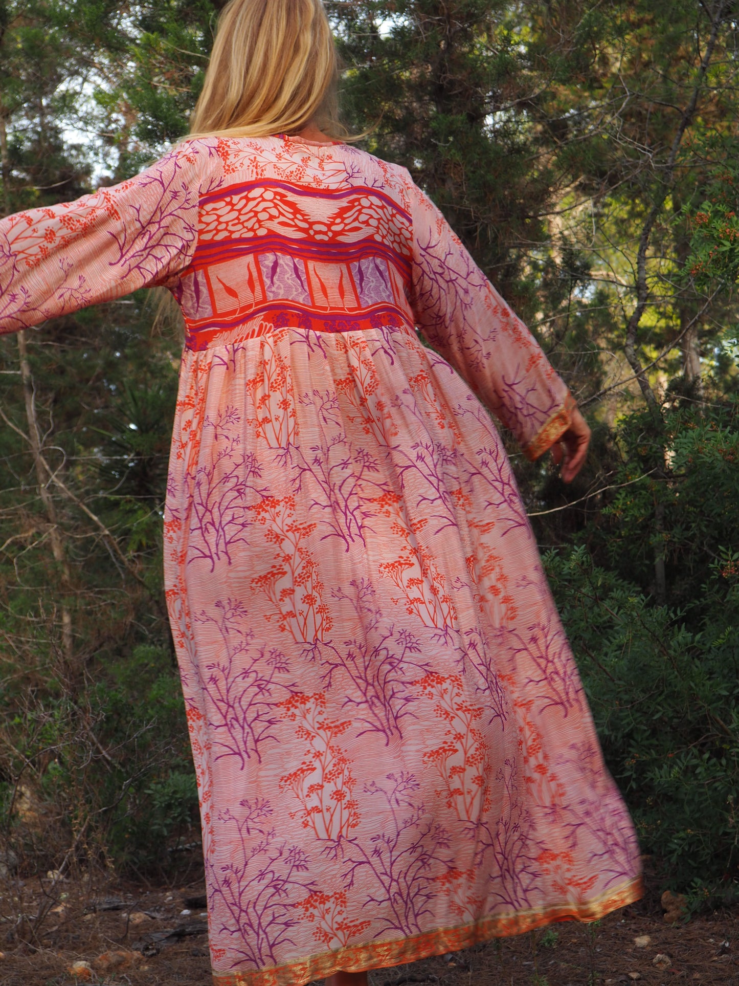 Vintage Indian sari dress with oversized sleeves up-cycled by Vagabond Ibiza