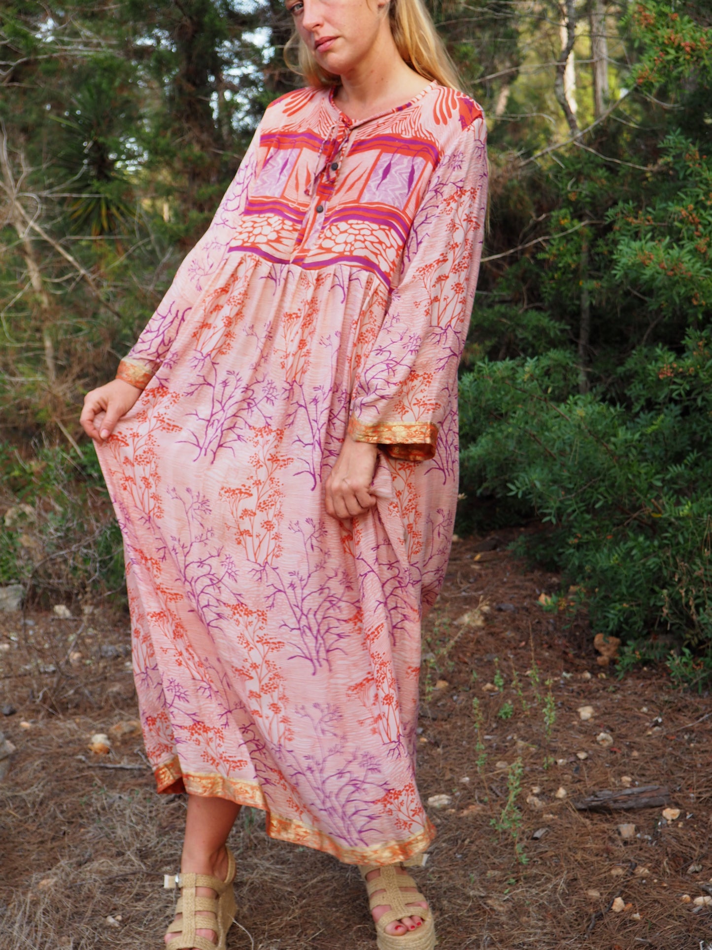 Vintage Indian sari dress with oversized sleeves up-cycled by Vagabond Ibiza