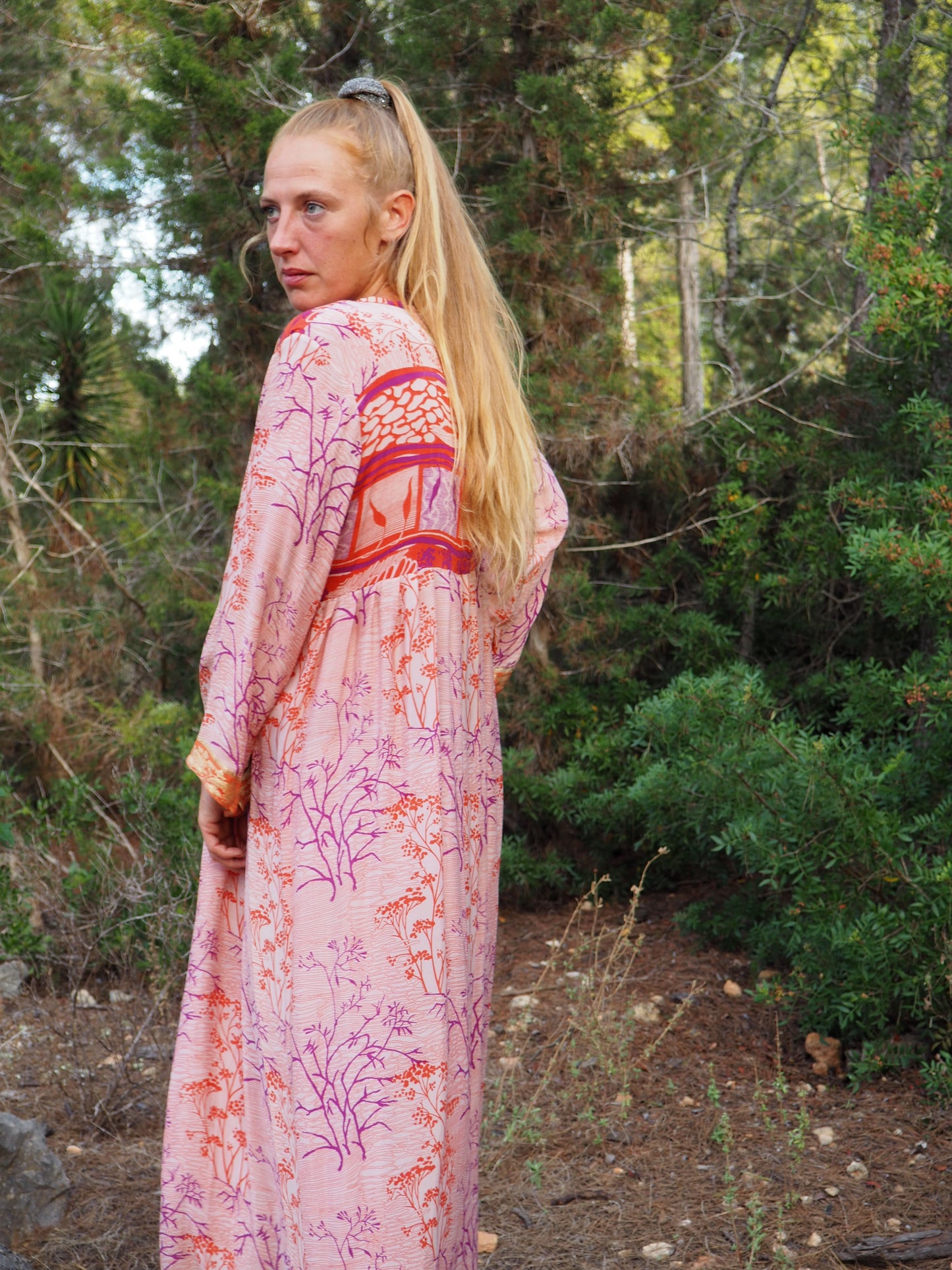 Vintage Indian sari dress with oversized sleeves up-cycled by Vagabond Ibiza