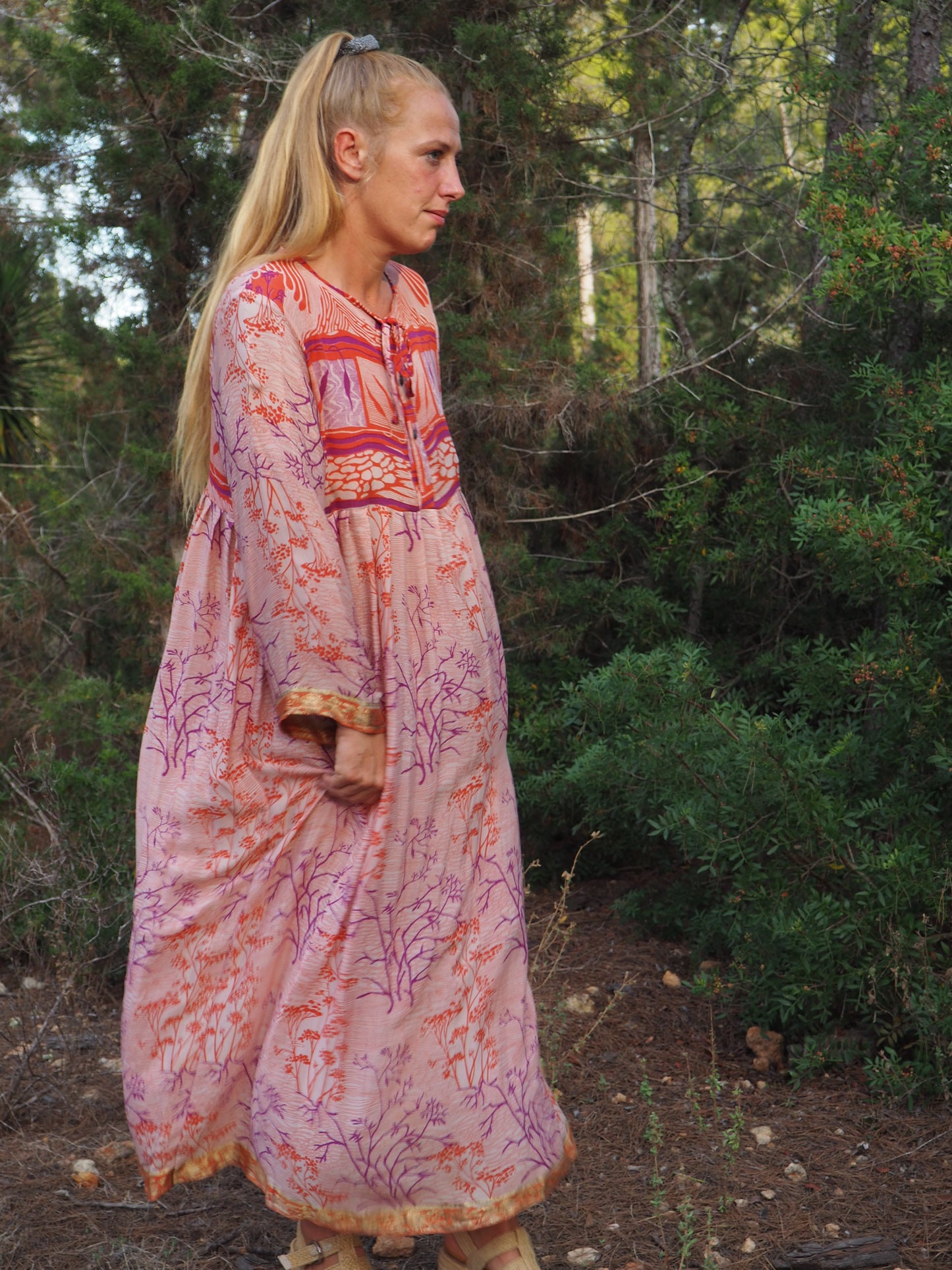 Vintage Indian sari dress with oversized sleeves up-cycled by Vagabond Ibiza
