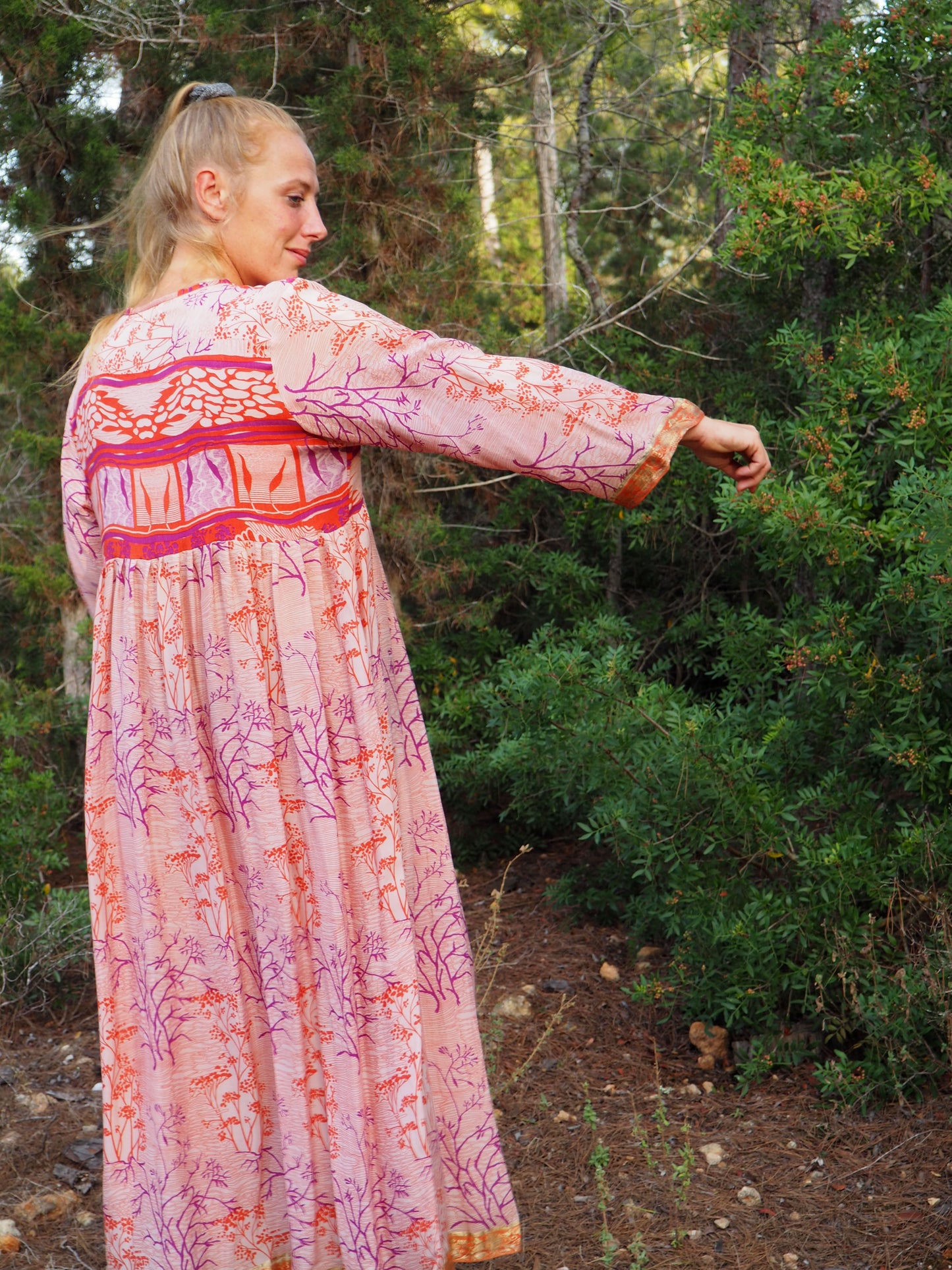 Vintage Indian sari dress with oversized sleeves up-cycled by Vagabond Ibiza