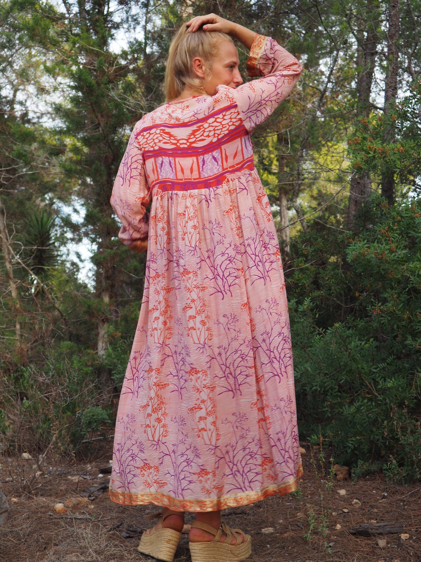 Vintage Indian sari dress with oversized sleeves up-cycled by Vagabond Ibiza