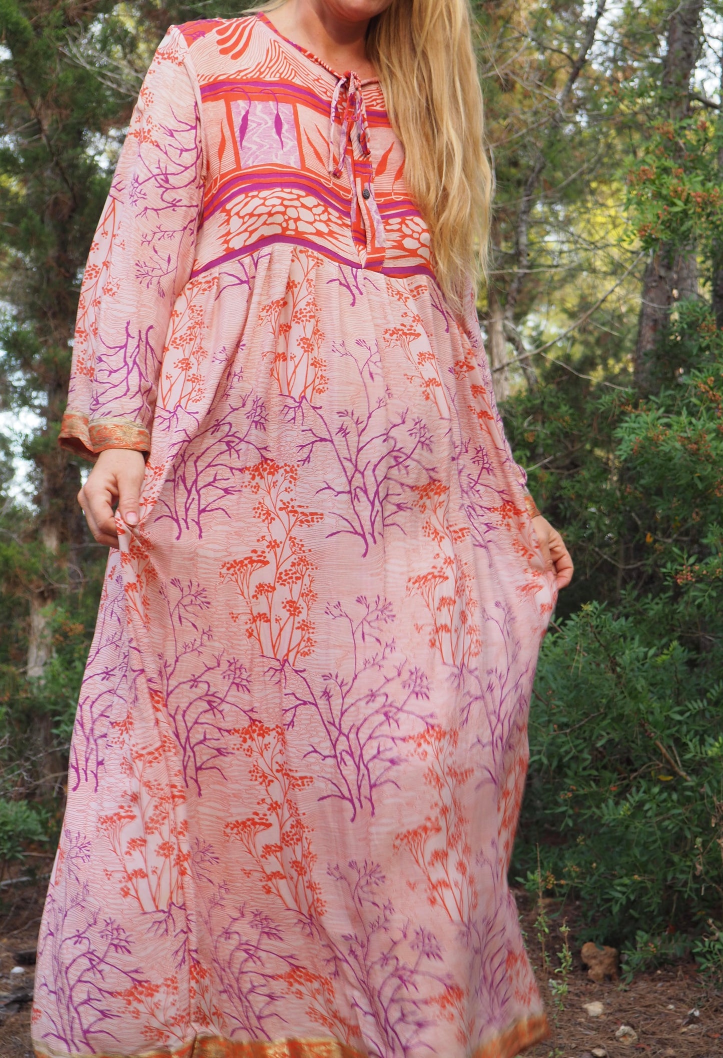 Vintage Indian sari dress with oversized sleeves up-cycled by Vagabond Ibiza