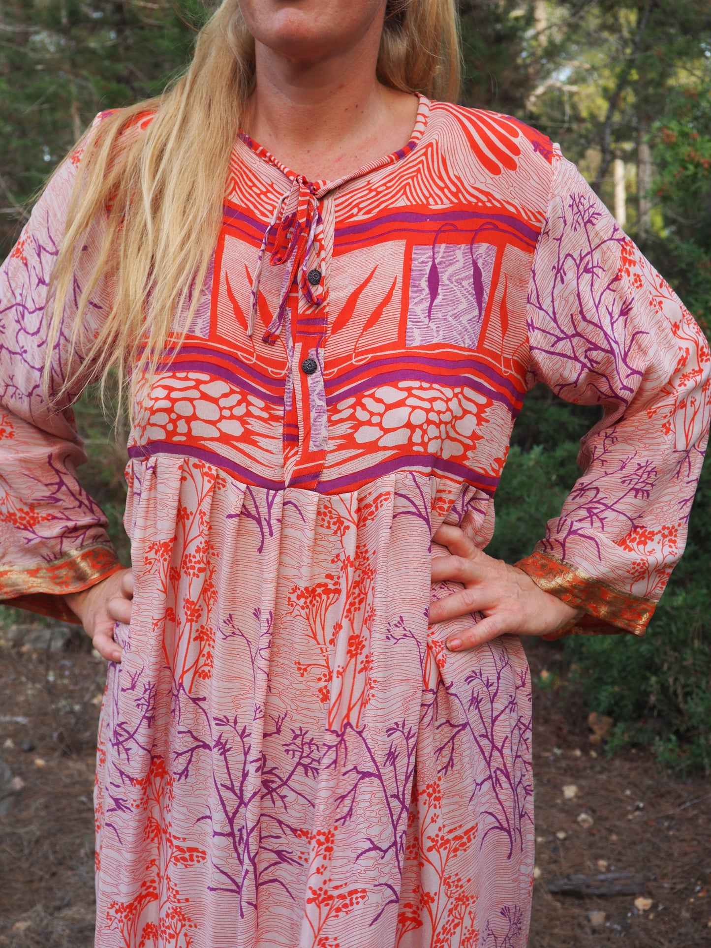 Vintage Indian sari dress with oversized sleeves up-cycled by Vagabond Ibiza