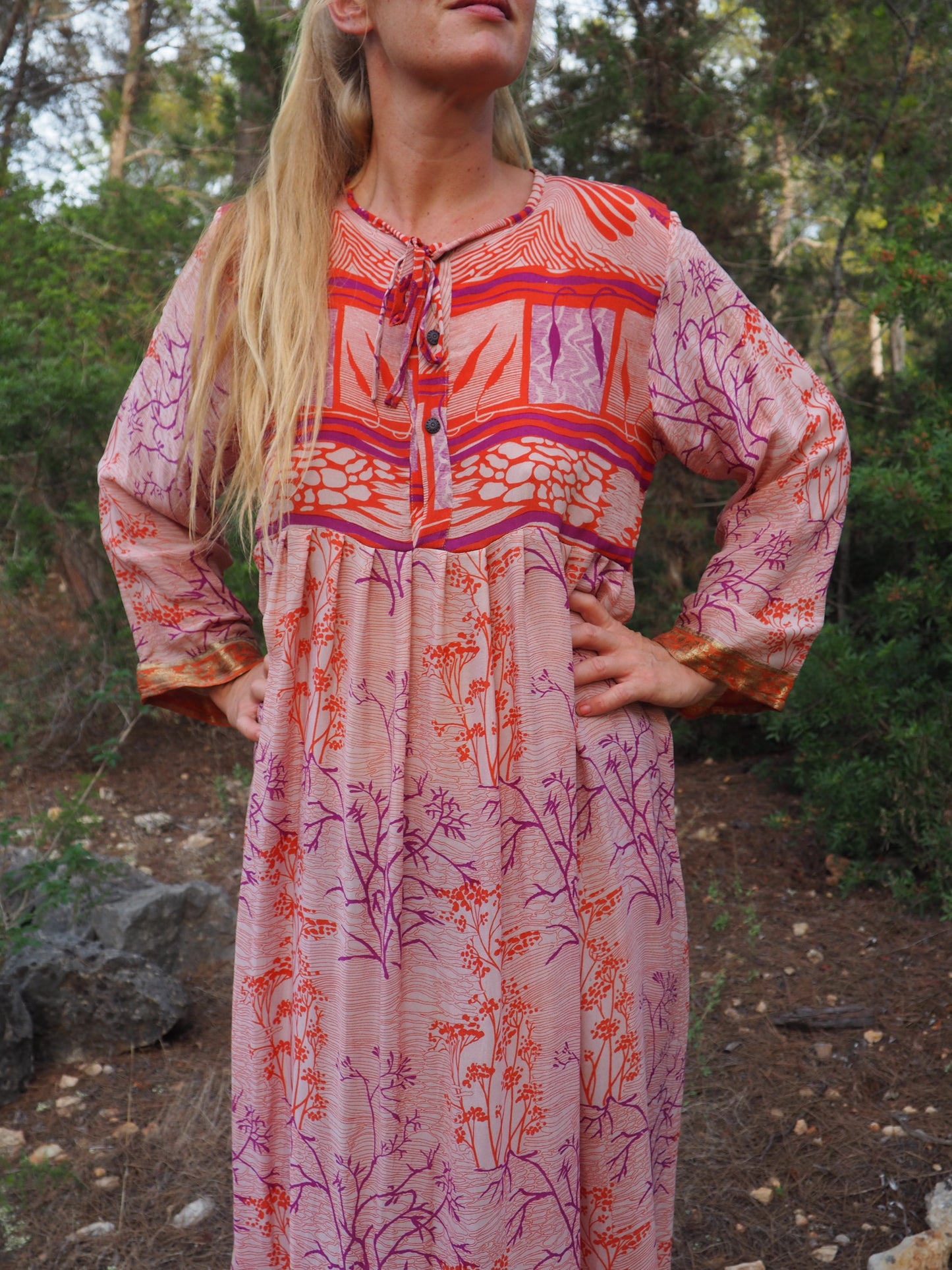 Vintage Indian sari dress with oversized sleeves up-cycled by Vagabond Ibiza
