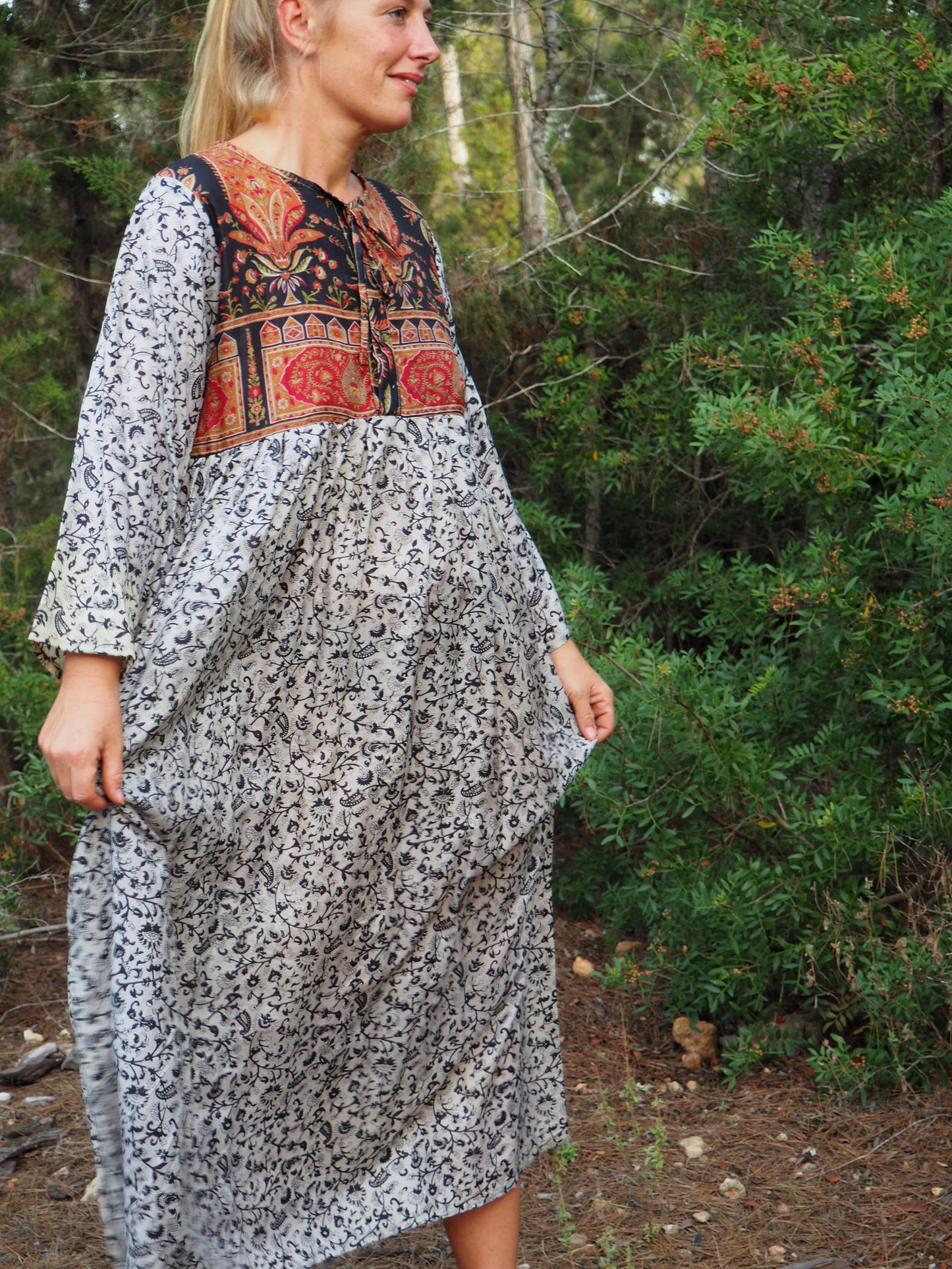 Vintage Indian sari dress with oversized sleeves up-cycled by Vagabond Ibiza