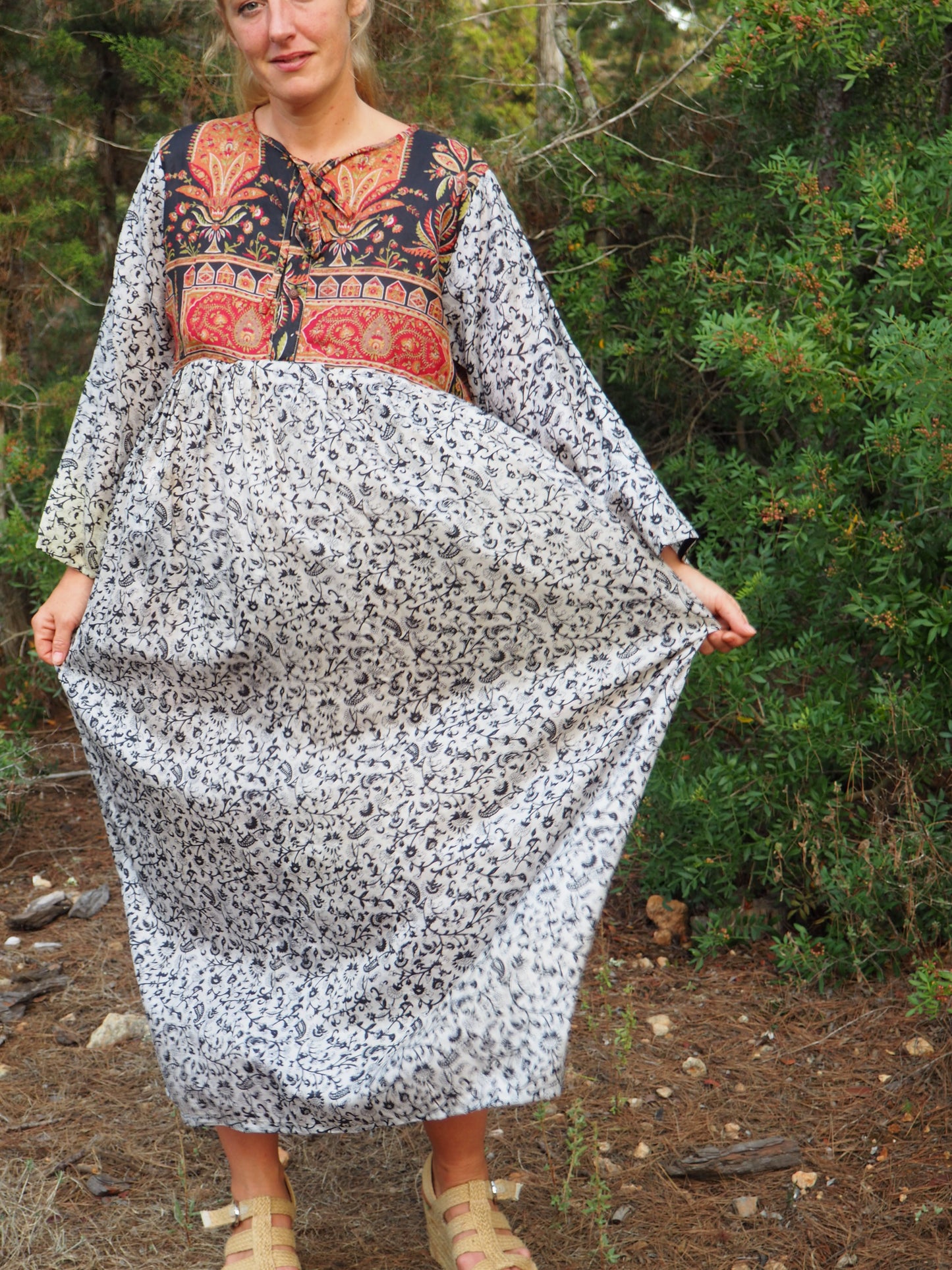 Vintage Indian sari dress with oversized sleeves up-cycled by Vagabond Ibiza