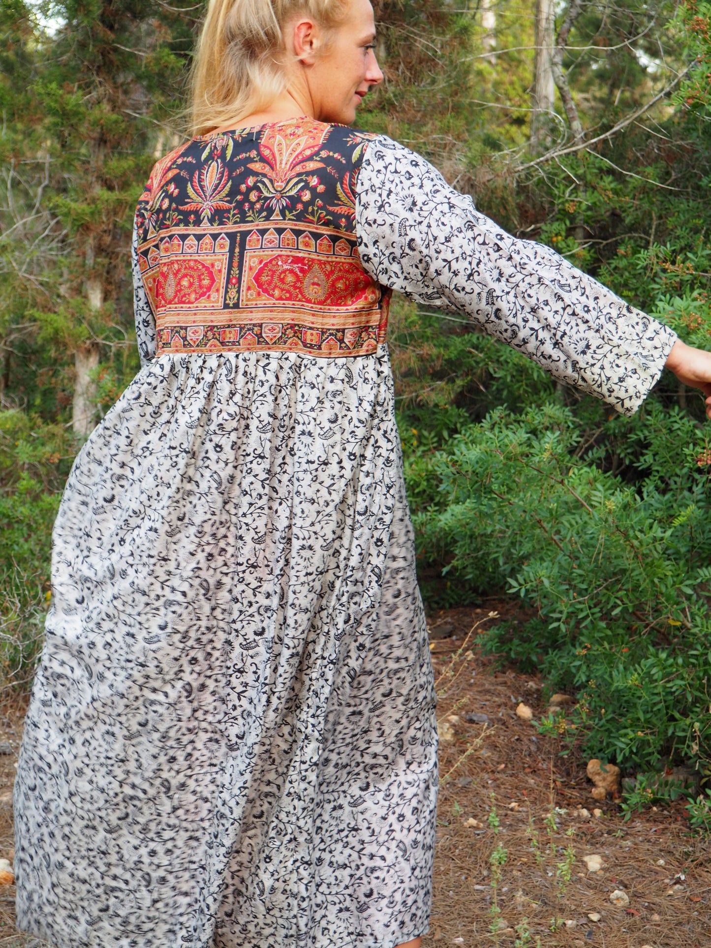 Vintage Indian sari dress with oversized sleeves up-cycled by Vagabond Ibiza