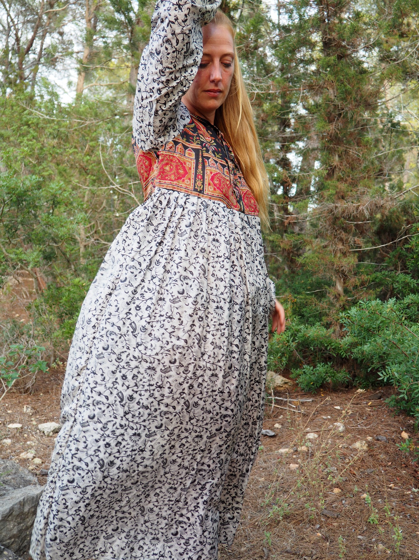 Vintage Indian sari dress with oversized sleeves up-cycled by Vagabond Ibiza