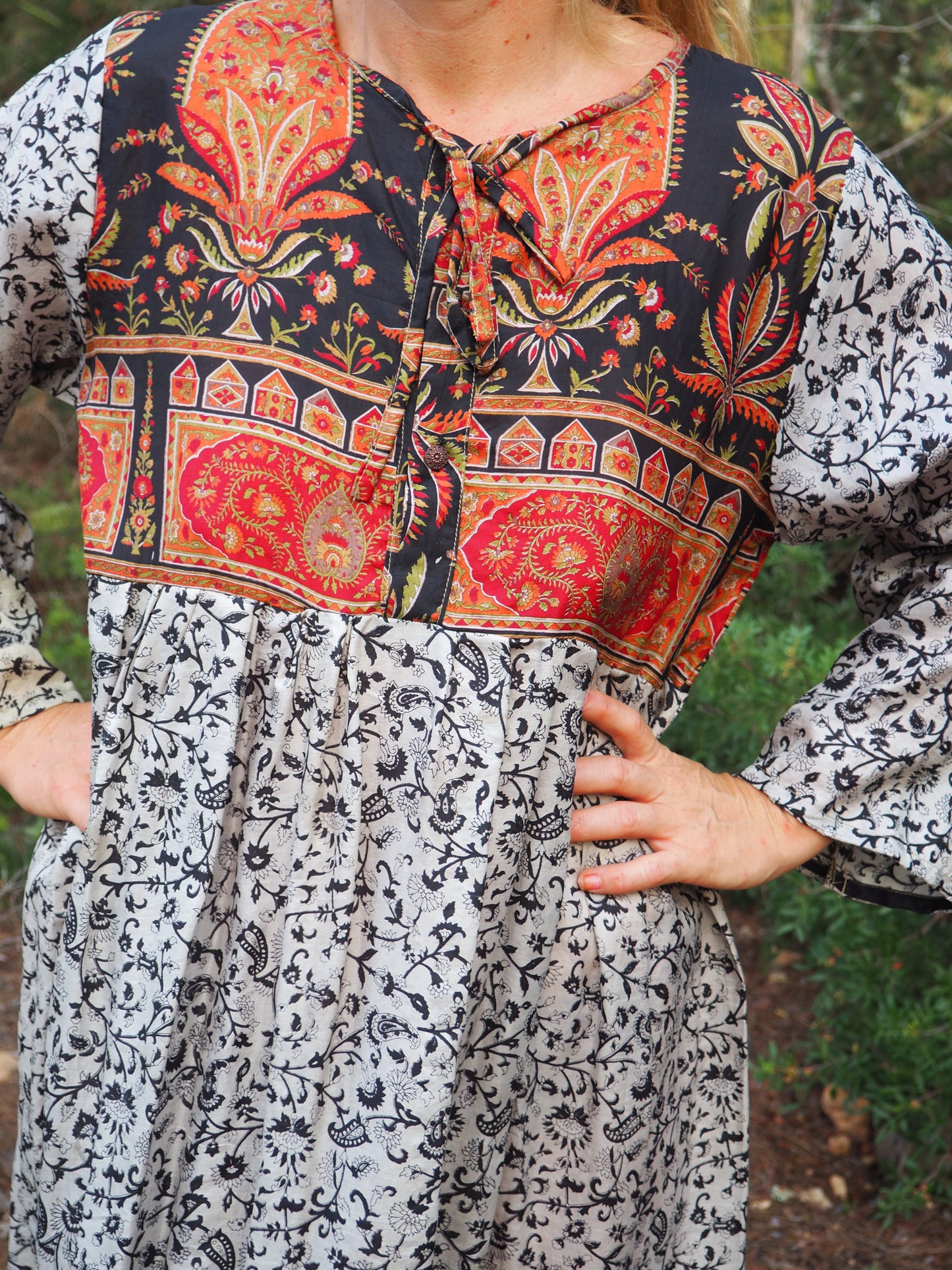 Vintage Indian sari dress with oversized sleeves up-cycled by Vagabond Ibiza