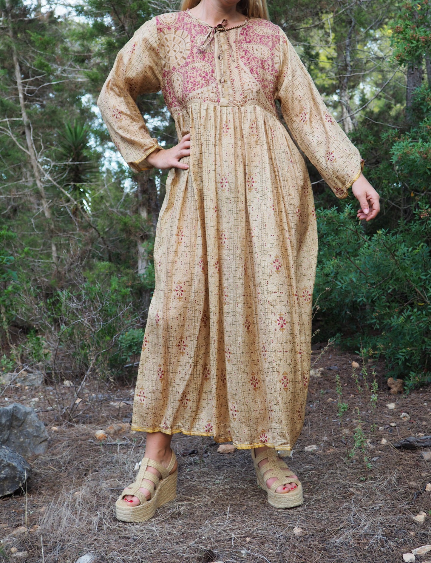 Vintage Indian sari dress with oversized sleeves up-cycled by Vagabond Ibiza