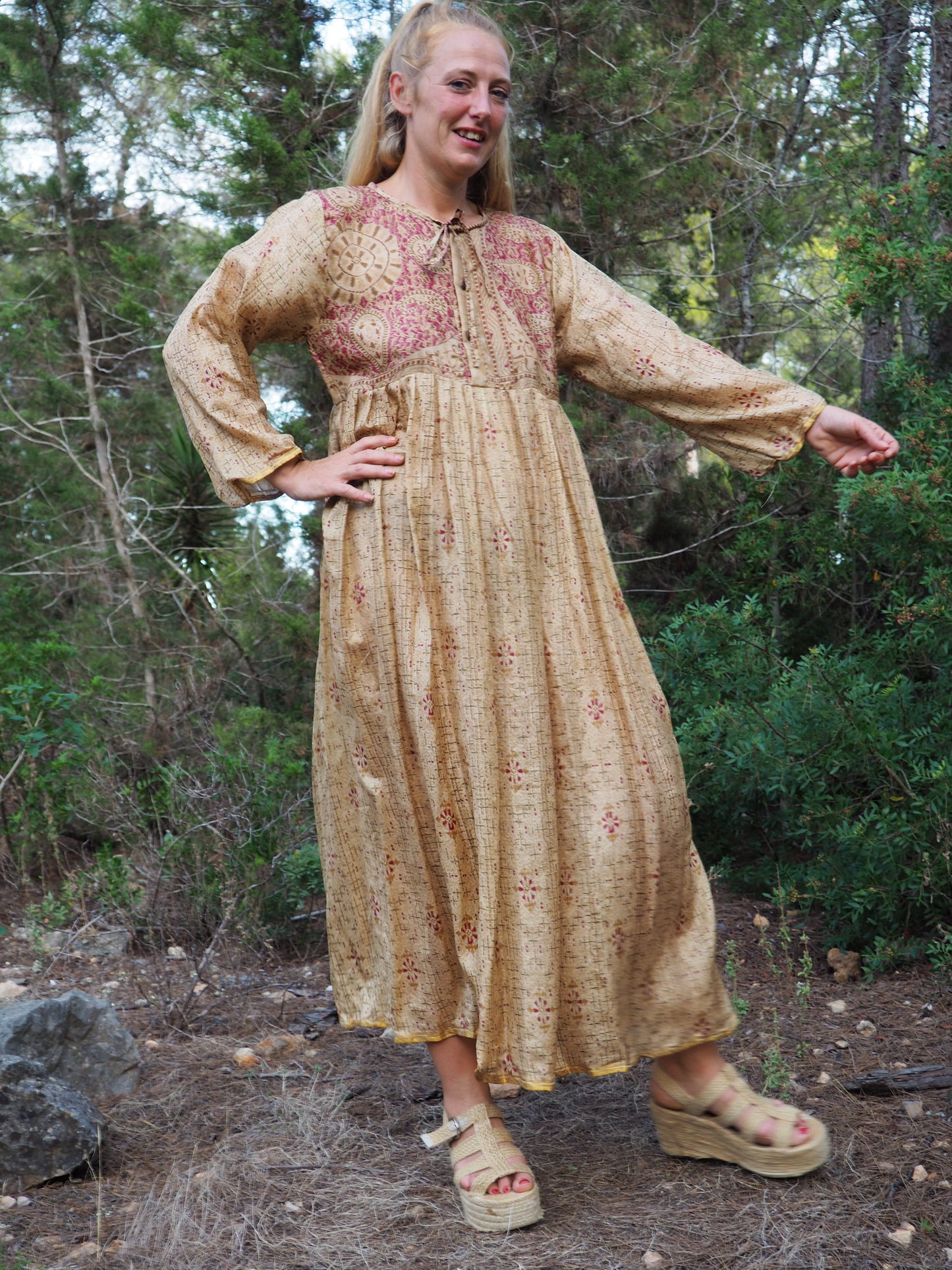 Vintage Indian sari dress with oversized sleeves up-cycled by Vagabond Ibiza