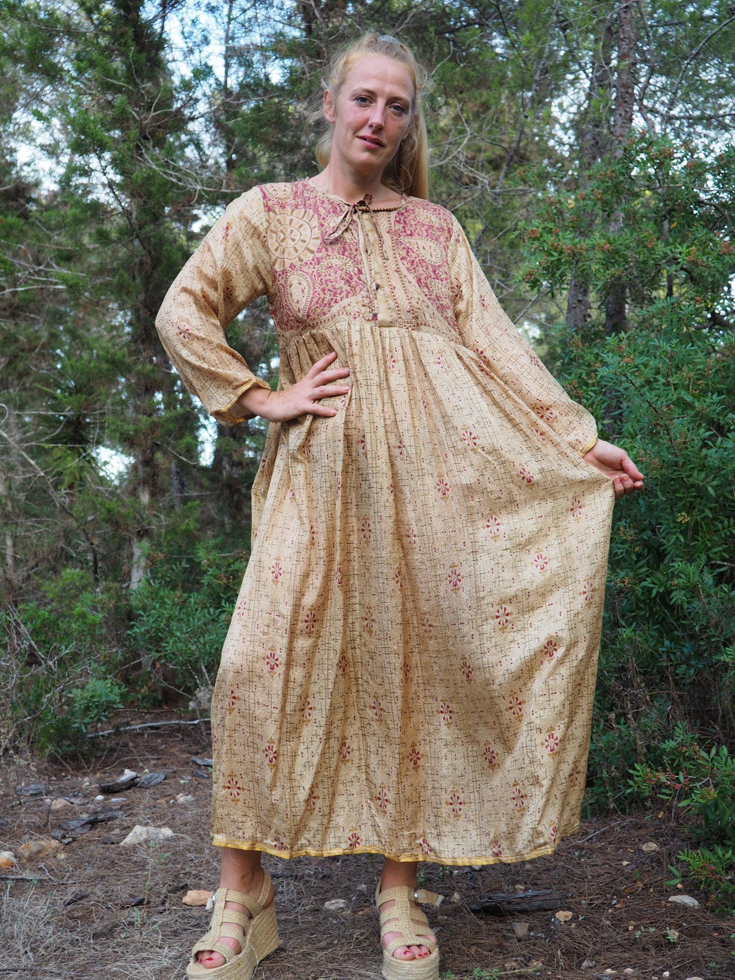 Vintage Indian sari dress with oversized sleeves up-cycled by Vagabond Ibiza