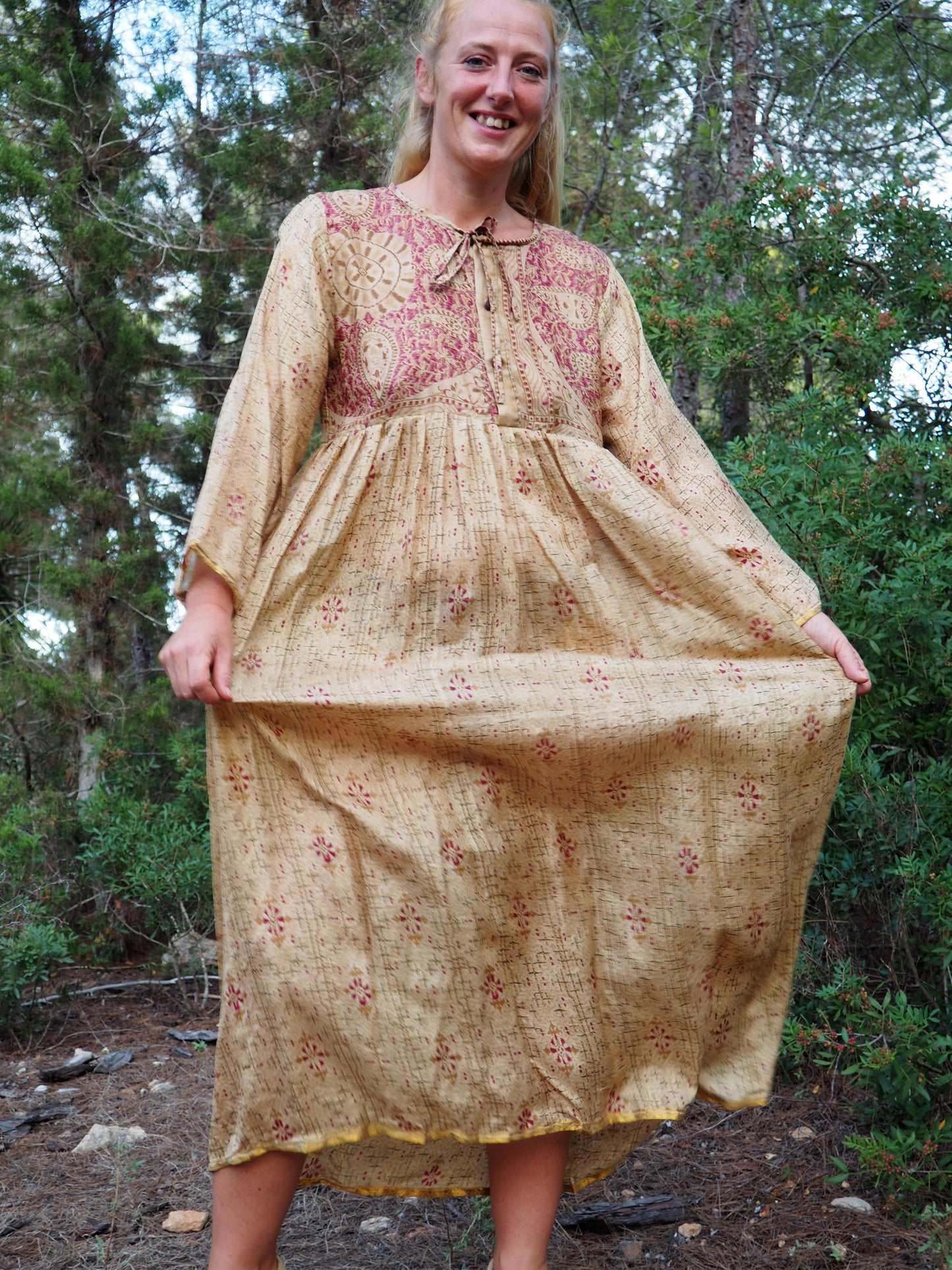 Vintage Indian sari dress with oversized sleeves up-cycled by Vagabond Ibiza