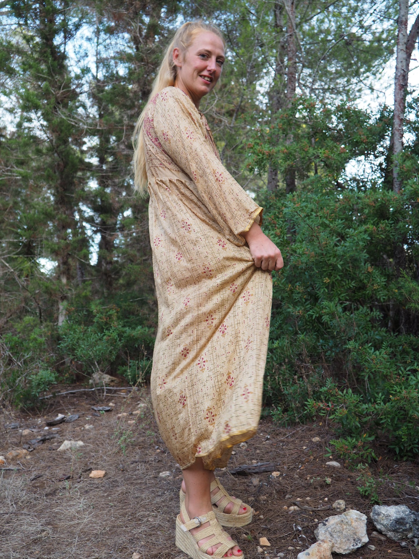 Vintage Indian sari dress with oversized sleeves up-cycled by Vagabond Ibiza